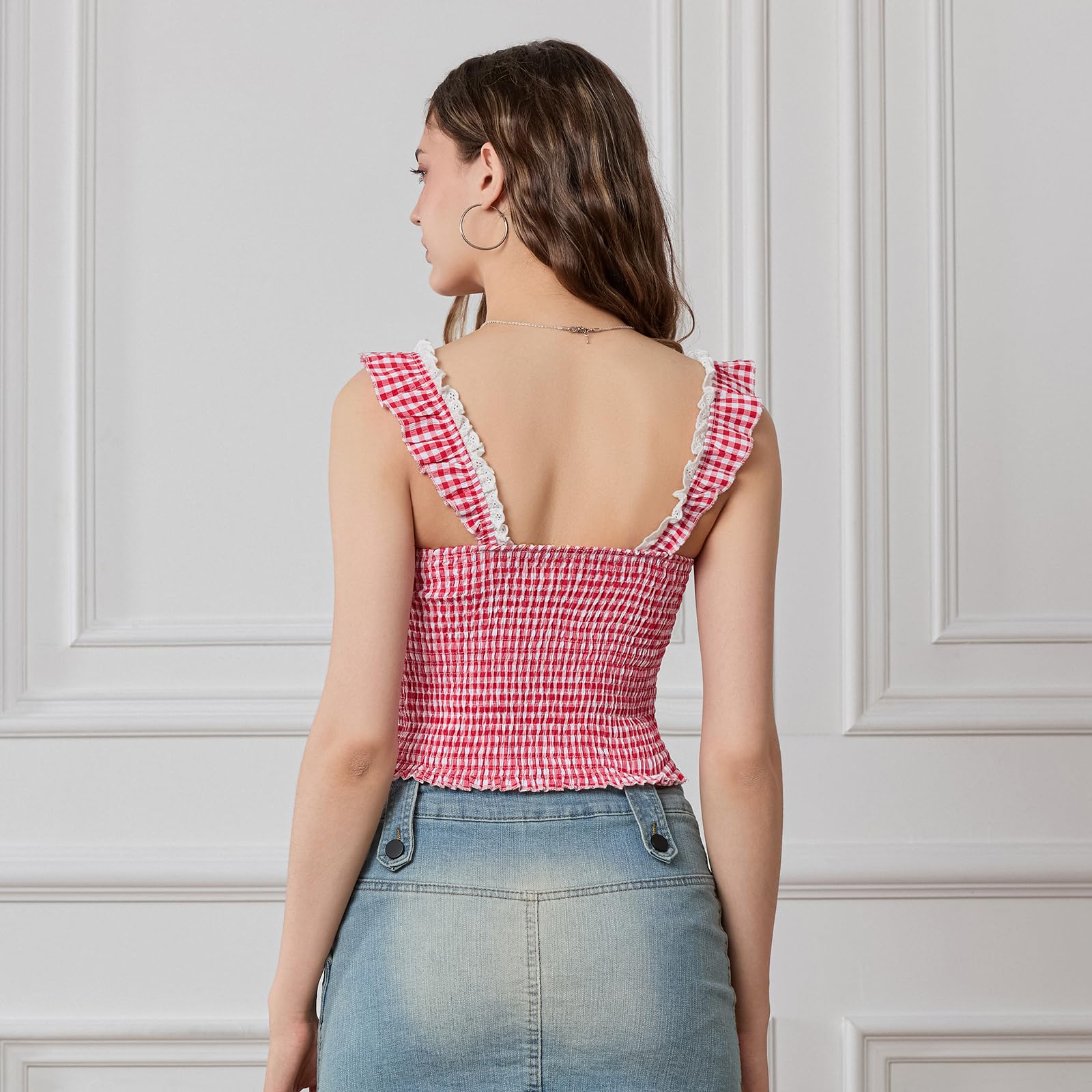 Y2k Plaid Cami Tank Tops for Women - Spaghetti Strap Lace Trim Crop Top, Cute Gingham Summer Camisoles | Perfect for Casual Outings, Beach Wear & Festival Fashion