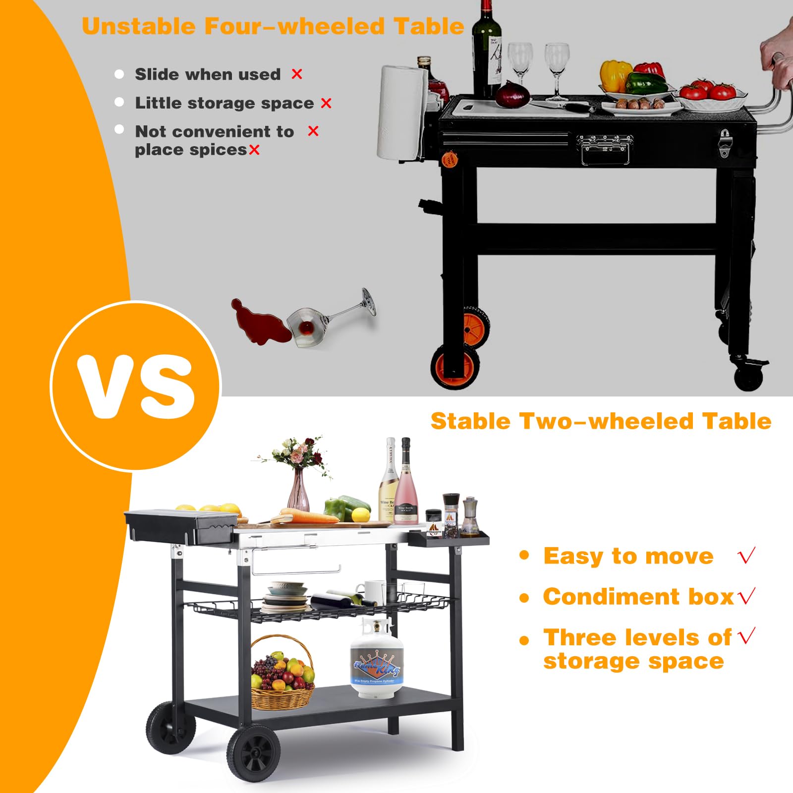 Premium Stainless Steel Outdoor Grill Cart with Wheels - Heavy Duty BBQ Prep Table for Backyard, Patio & Camping - Perfect for Grilling, Smoking & Outdoor Cooking Accessories
