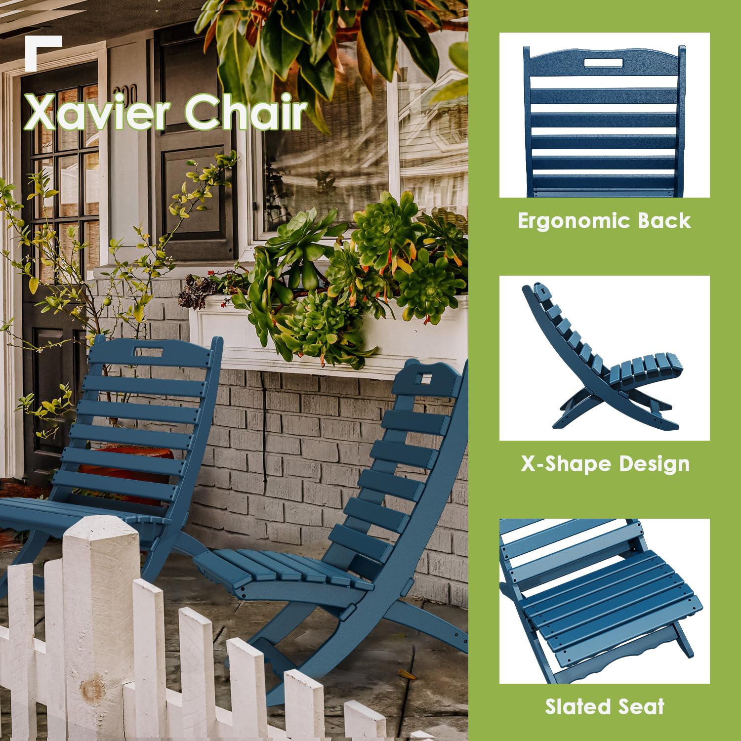 4-Pack Folding Xavier Chairs | Wave Design Portable Adirondack Chairs | HDPE Plastic All-Weather Outdoor Chairs | Blue Fire Pit Seating for Beach, Poolside, Deck, Garden, Patio & Fishing Trips | Durable & Lightweight for Camping, Backyard BBQs and Outdoor Relaxation