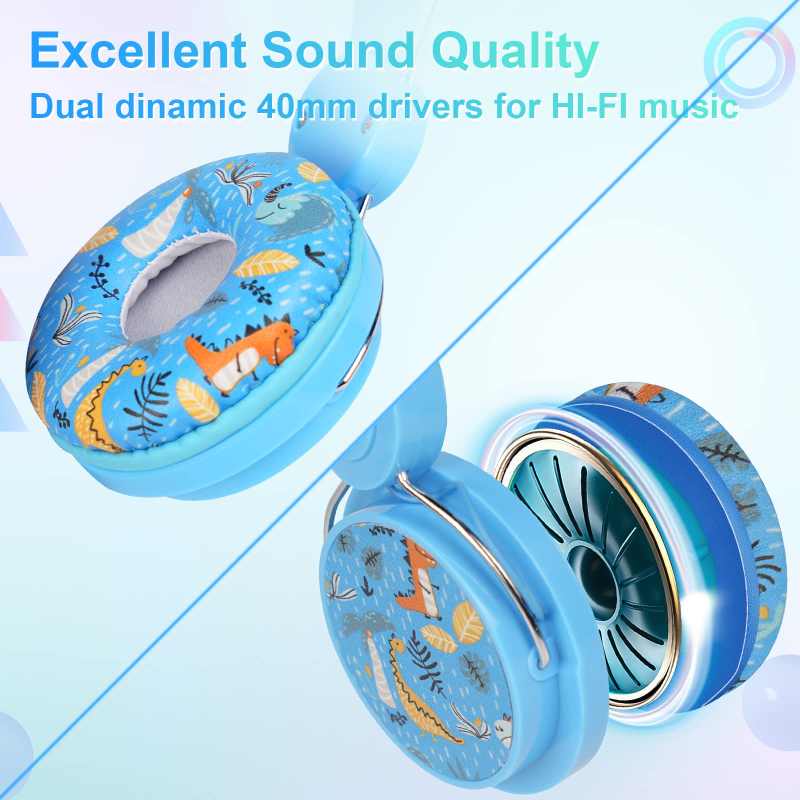 Kids Headphones with Microphone - Adjustable Over-Ear Unicorn Headphones for Girls & Boys, Wired Toddler Headphones for School, Travel, iPad, Kindle & Fire Tablet - Green Cute Design for Learning & Entertainment