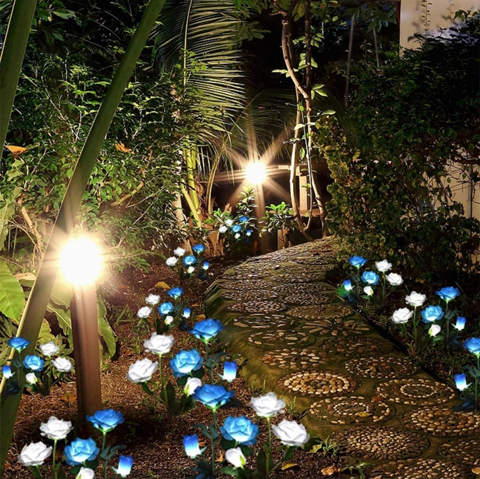 Solar Rose Garden Lights - 2 Pack Waterproof LED Flower Lights for Outdoor Pathway & Cemetery Decor (Blue)