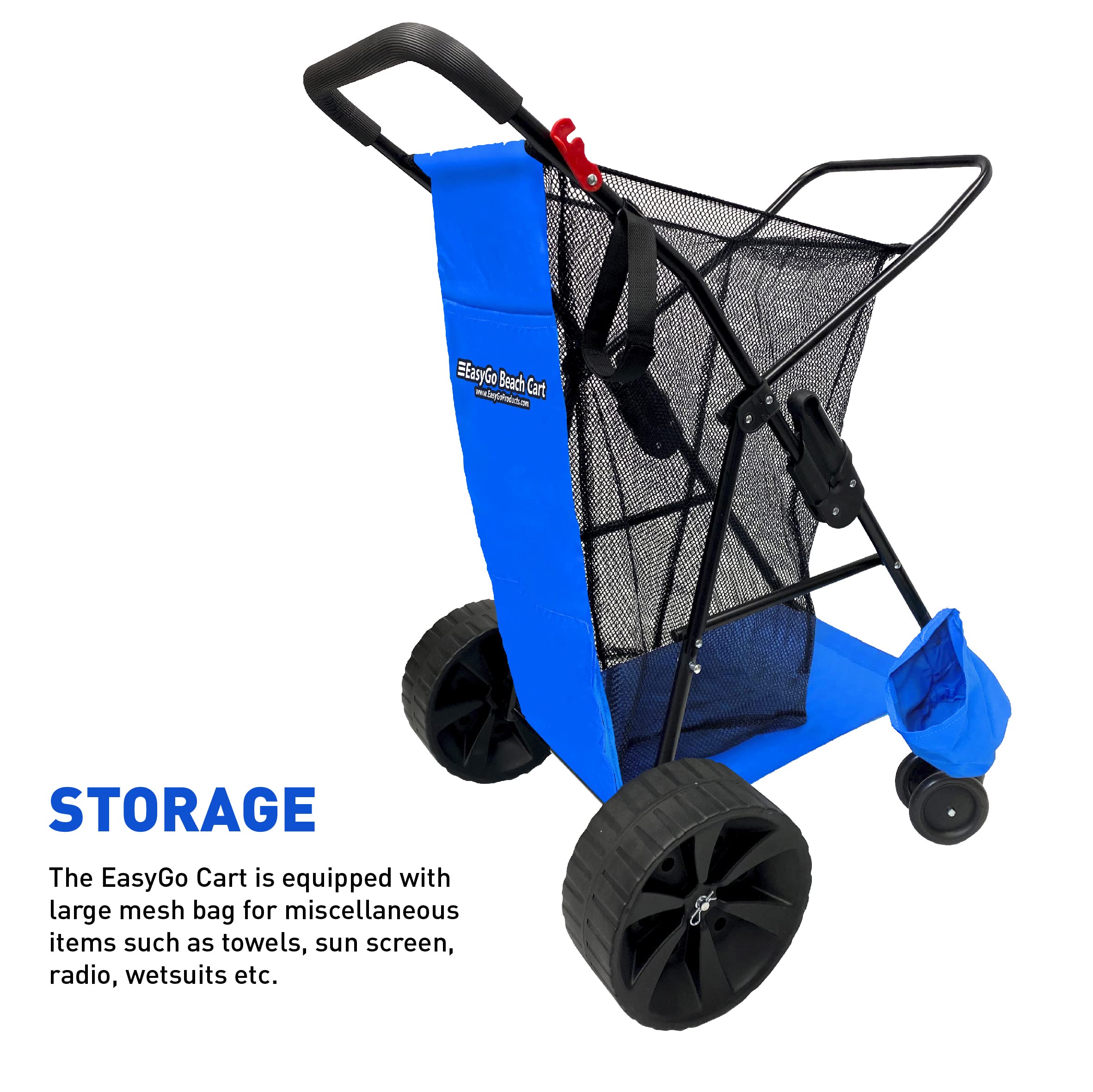 EasyGo Heavy Duty Folding Beach Cart with Large Sand Wheels - Holds 4 Chairs, Storage Pouch & Umbrella Holder - Blue | Perfect for Beach Trips, Camping, Picnics & Outdoor Adventures