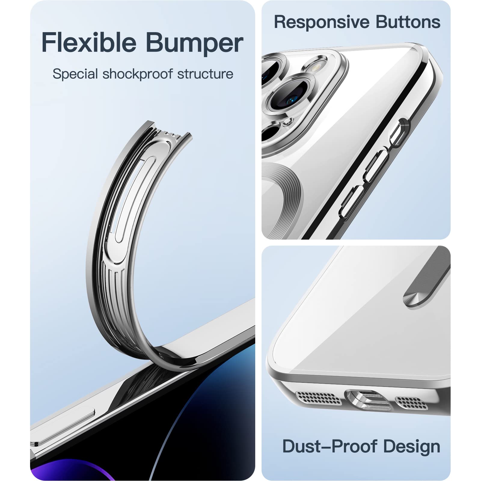 JETech Soft Clear Case for iPhone 14 Pro 6.1-Inch | MagSafe Compatible | Shockproof TPU Cover with Full Camera Protection | Silver | Perfect for Everyday Use, Wireless Charging & Drop Protection