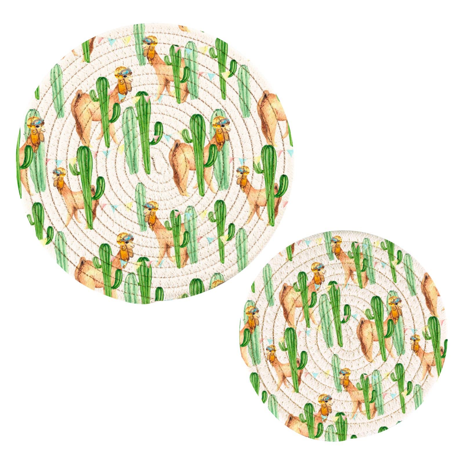 Funny Cartoon Llama & Cactus Pot Holders Set of 2 - Heat Resistant Trivets for Hot Pans, Bowls & Teapots - Cotton Woven Kitchen Decor for Countertops & Dining Tables