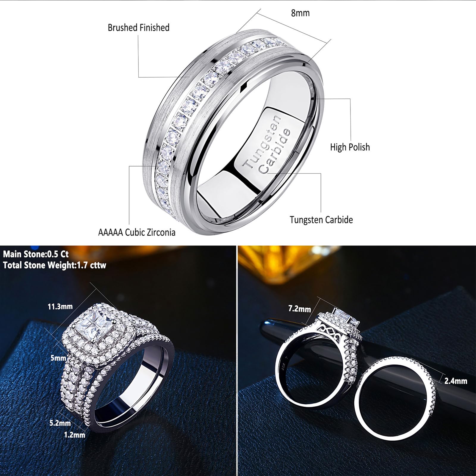 Newshe Wedding Rings Set for Couples - Tungsten Bands for Him & Her with 2.3Ct AAAAA CZ Princess Cross, 925 Sterling Silver, Sizes 5-13 - Perfect for Anniversaries, Engagements and Romantic Gifts