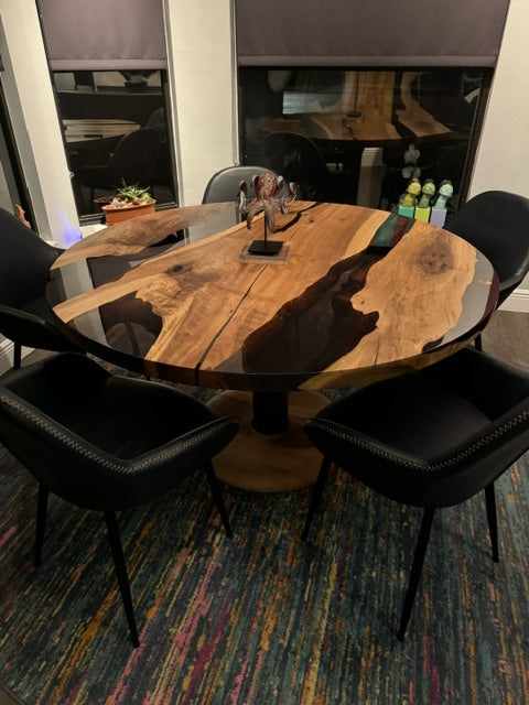 Handmade Custom Round Epoxy Resin Walnut Dining Table with Solid Wood Base - Perfect for Kitchen, Dining Room, and Modern Home Decor