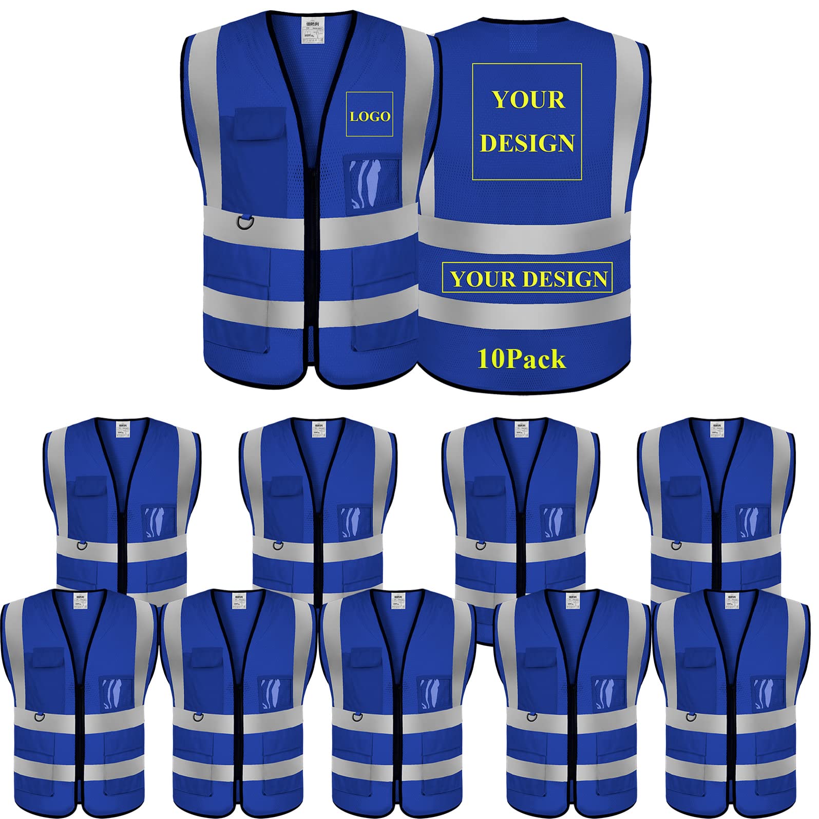 Custom Logo Safety Vest - High Visibility Class 2 Reflective Work Vest with Pockets & Zipper - Bulk Orders Available - Perfect for Construction, Road Work & Emergency Responders
