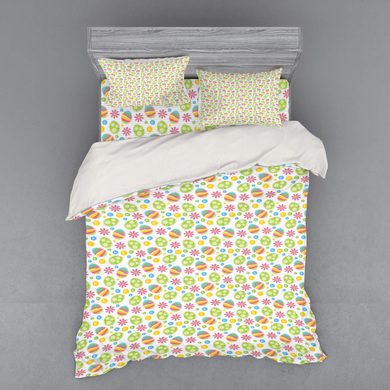 Ambesonne Easter Bedding Set - 4 Piece Queen Size Duvet Cover with Shams & Fitted Sheet, Patchwork Scrapbook Design with Daisy Buttons & Easter Eggs, Multicolor - Perfect for Spring Decor, Holiday Guest Room & Cozy Bedroom Makeover