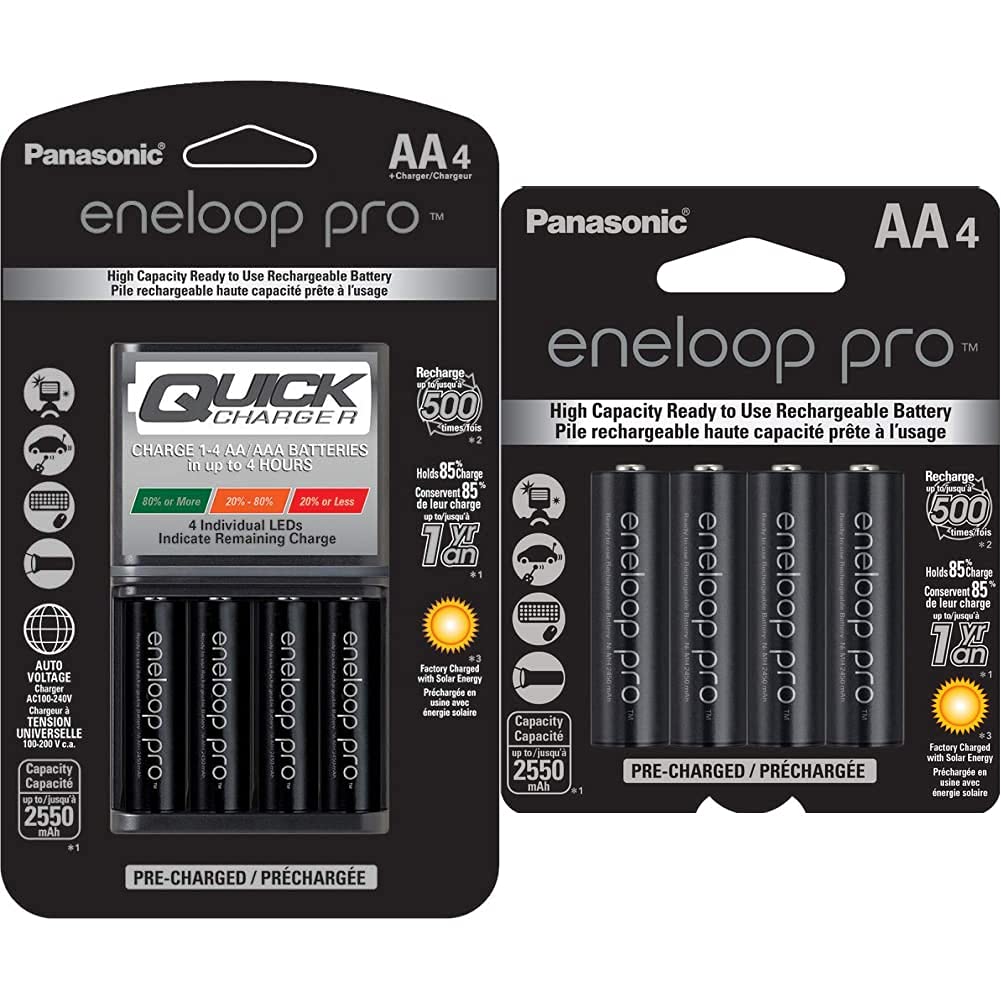 Panasonic Eneloop Pro K-KJ55KHC4BA 4-Hour Quick Charger with 4AA Ni-MH Rechargeable Batteries & BK-3HCCA4BA High Capacity Pre-Charged AA Batteries (4-Pack) - Perfect for Digital Cameras, Gaming Controllers, and Smart Home Devices