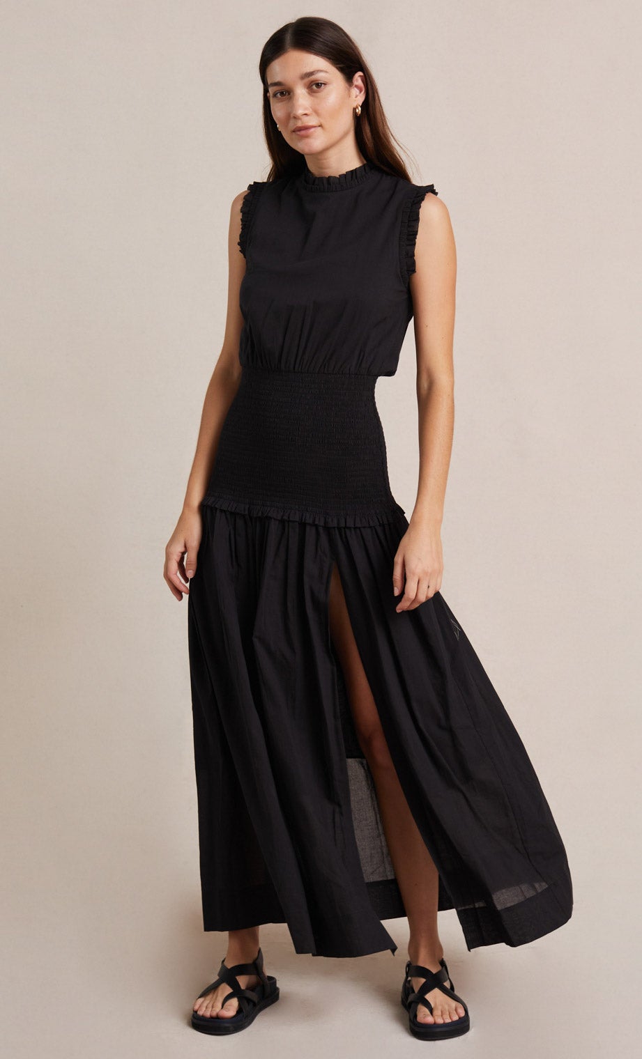 Felice Shirred Dress for Women - Flowy Black Midi Dress with Ruffles & Elastic Waist | Perfect for Casual Wear, Date Nights & Summer Outfits