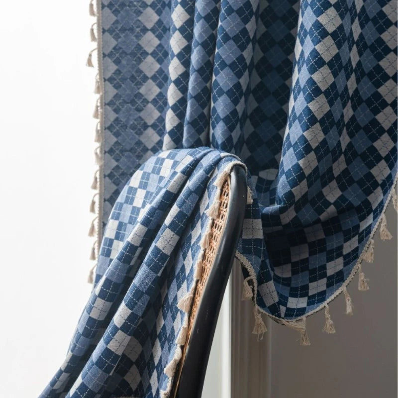 Premium Diana Cotton Linen Diamond Check Blackout Curtains for Living Room & Bedroom - Thermal Insulated Window Drapes for Light Blocking & Privacy