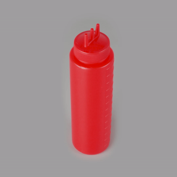 24 oz Red Plastic Ketchup Squeeze Bottle with Triple Dispersion Tip - 2.5