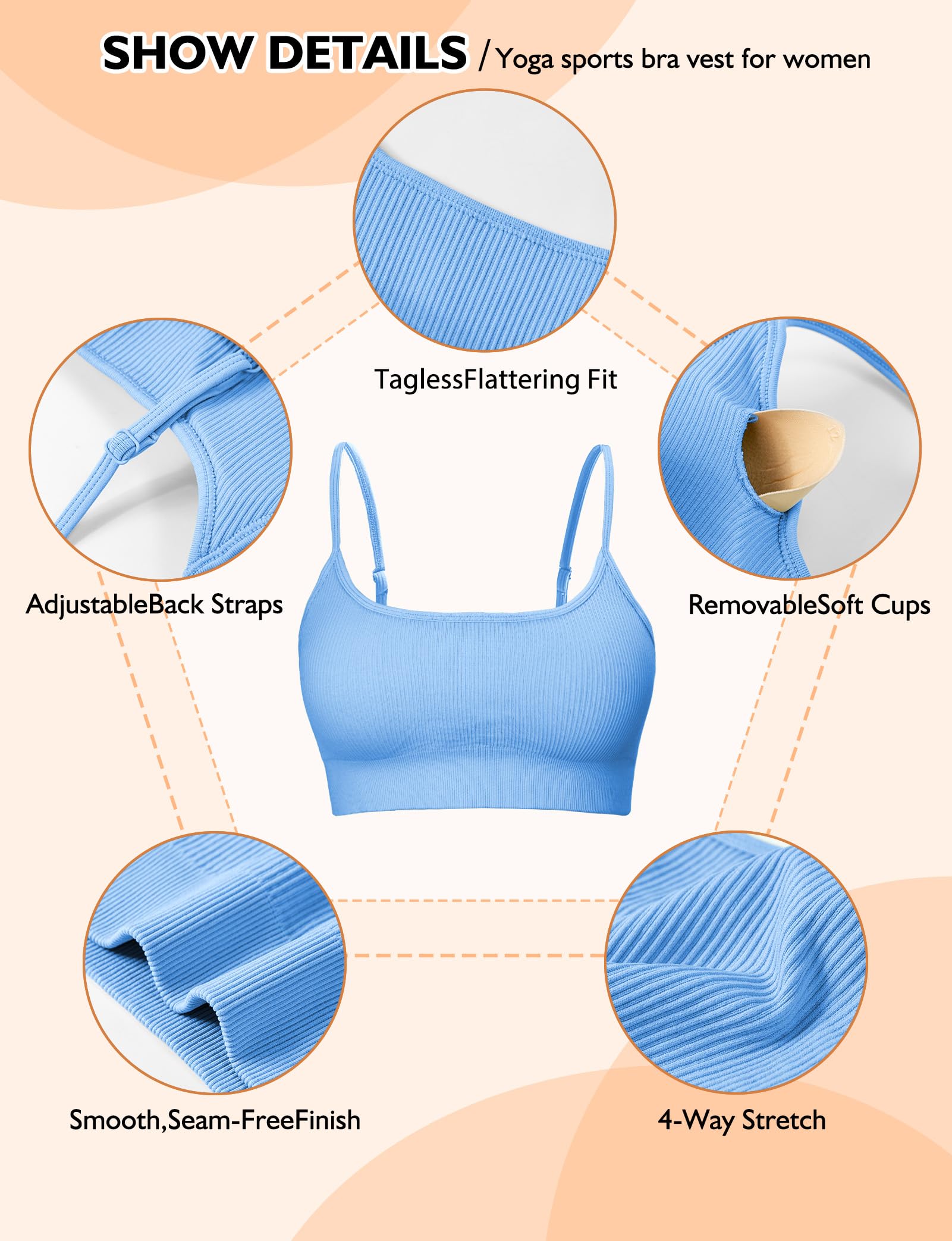 Women's Scoop Neck Sports Bras - Adjustable Spaghetti Strap Workout Bras with Padding, Wireless Yoga Bras for Running, Gym & Active Lifestyle