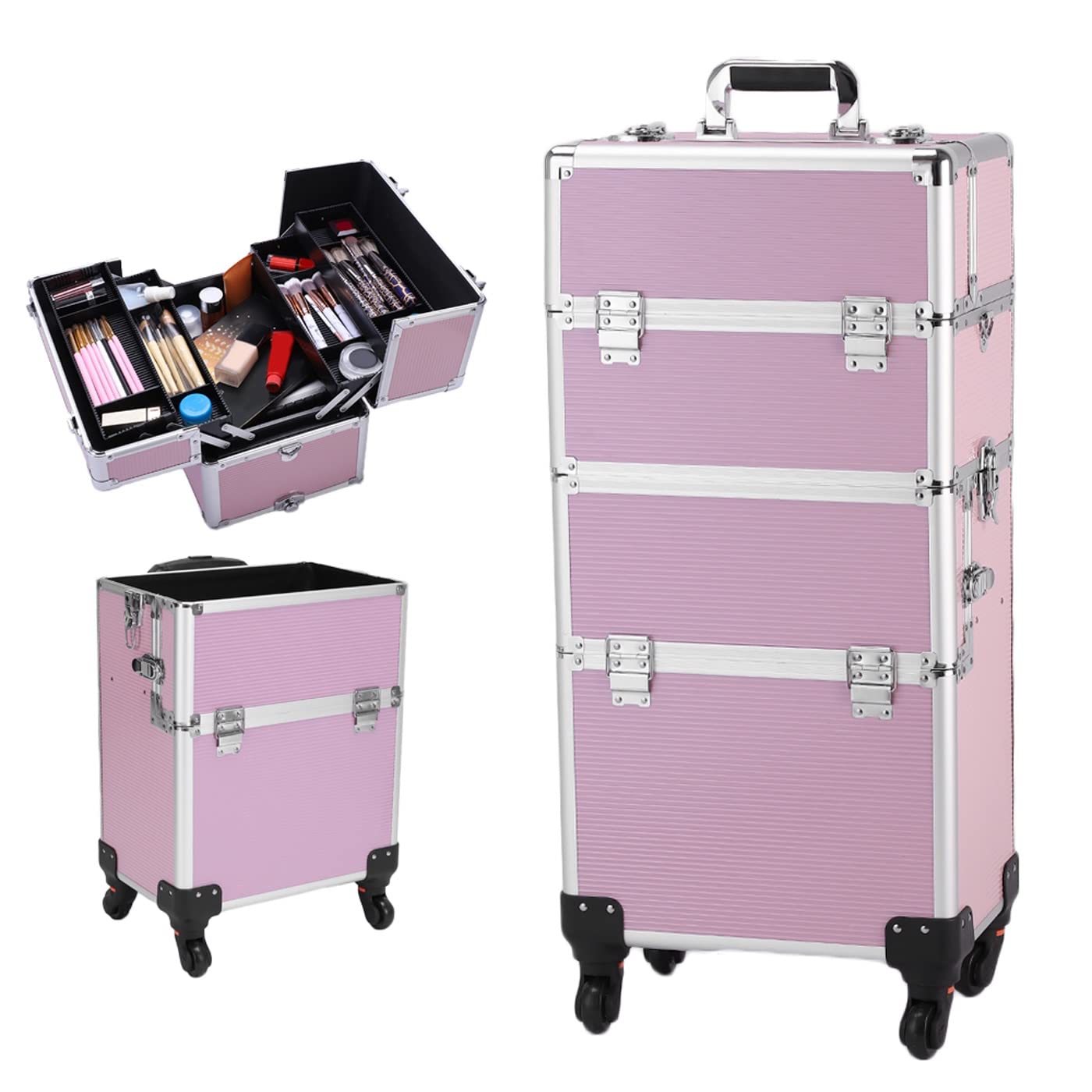 Professional Rolling Makeup Train Case - Large Capacity 3-in-1 Aluminum Cosmetic Trolley with Swivel Wheels & Lock | Perfect for Salon, Barber, Travel & Mother's Day Gift | Portable Beauty Storage Organizer for Makeup Artists & Professionals