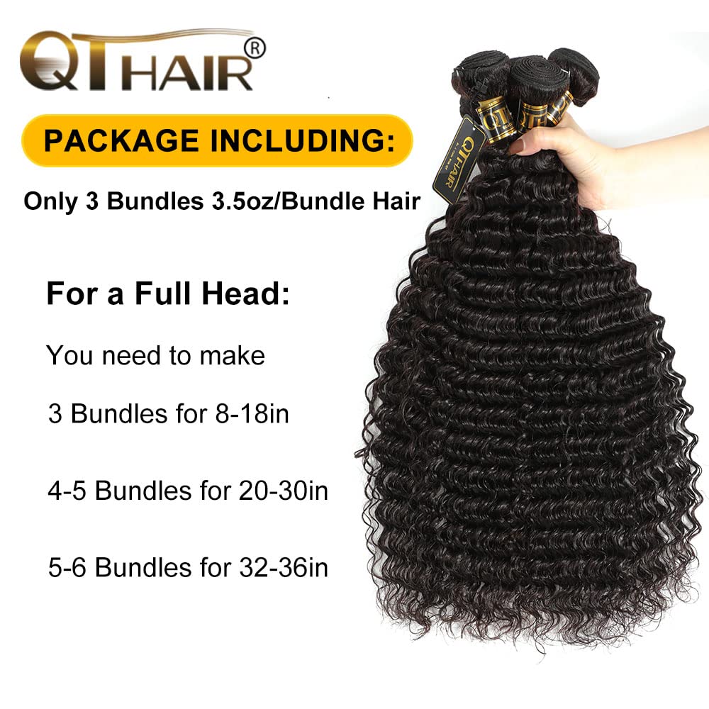 QTHAIR 14A Deep Wave Human Hair Bundles 24 26 28 Inch - 100% Unprocessed Brazilian Virgin Hair, Double Weft Deep Curly Weave (3 Bundles, Natural Color) - Perfect for Protective Styles, Weaves & Natural-Looking Extensions