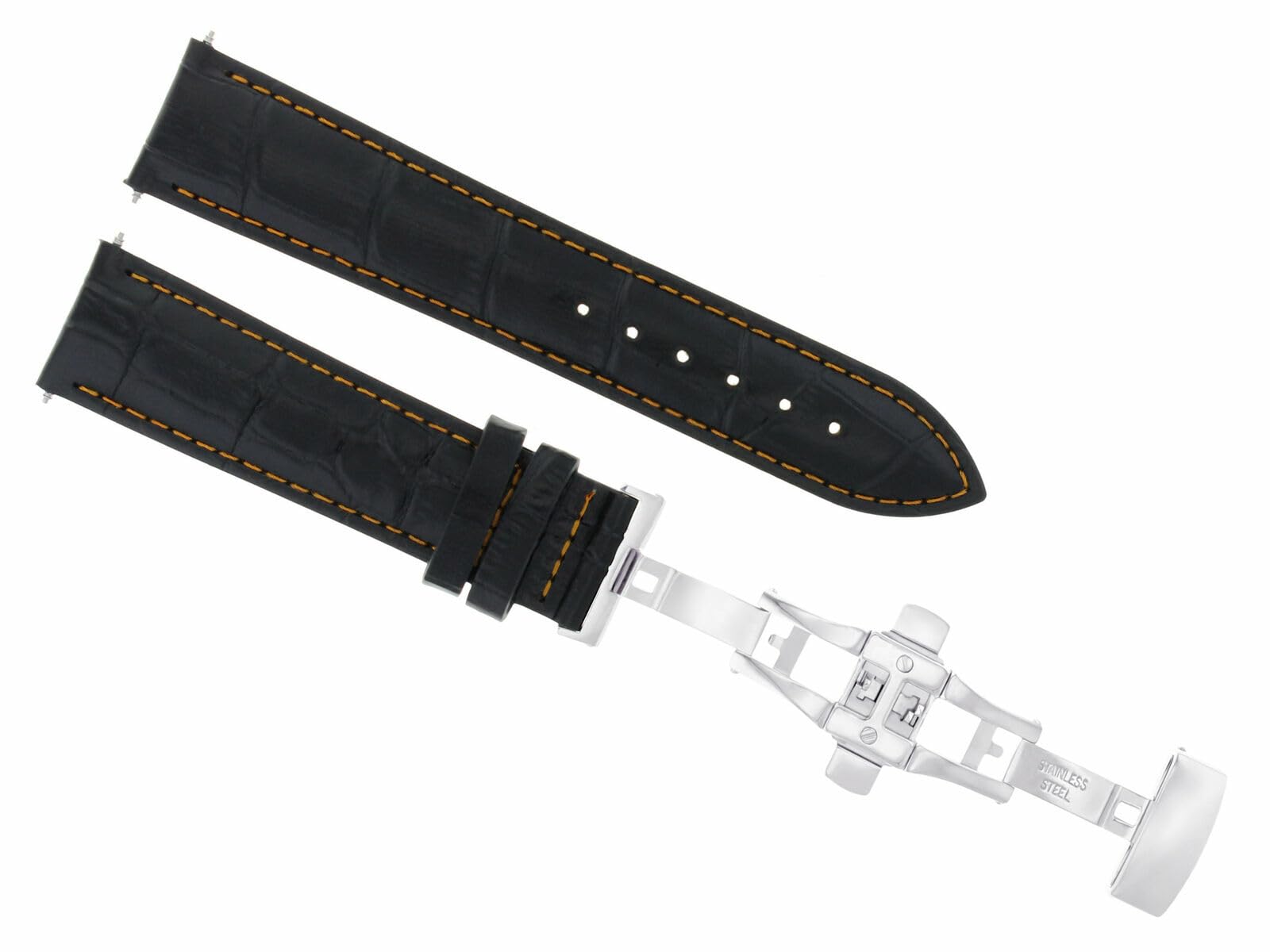 19mm Genuine Leather Watch Band Strap - Compatible with Longines Watches - Black with Orange Stitching - Deployment Clasp - Replacement Watch Strap for Men & Women - Perfect for Business, Casual & Formal Occasions