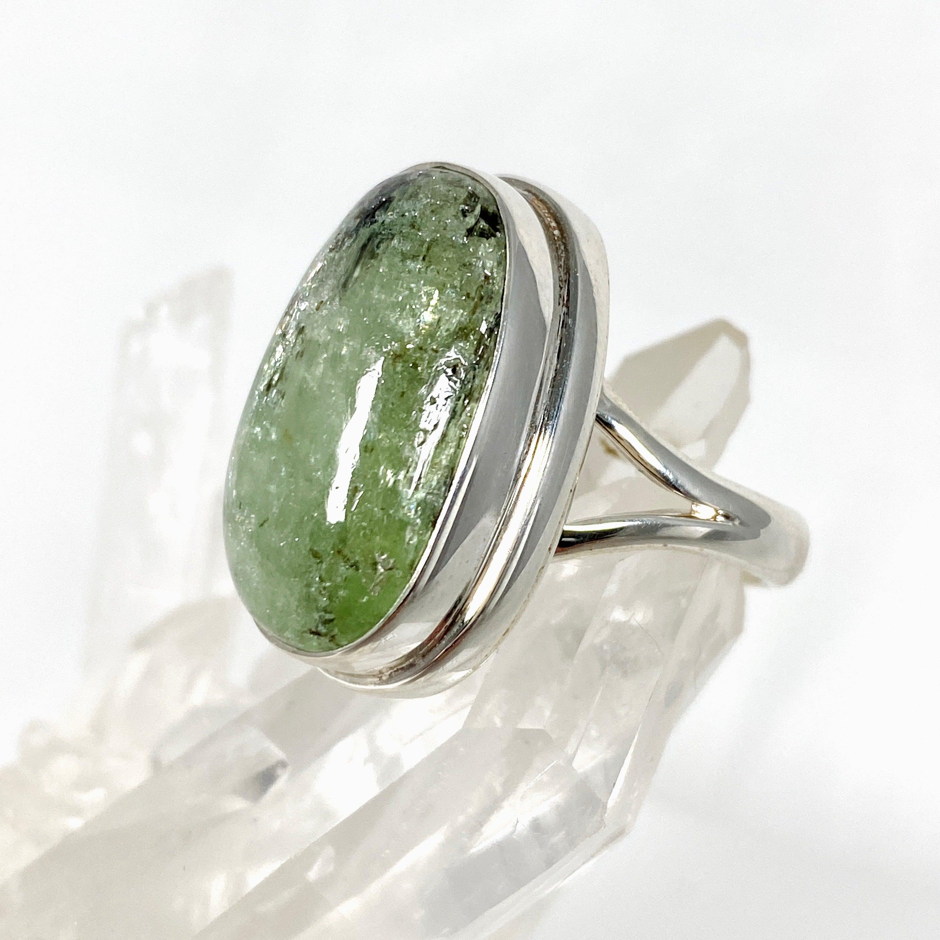 Natural Green Kyanite Oval Ring Size 7 - Handmade Sterling Silver Jewelry for Women - Perfect for Meditation, Healing & Spiritual Practices