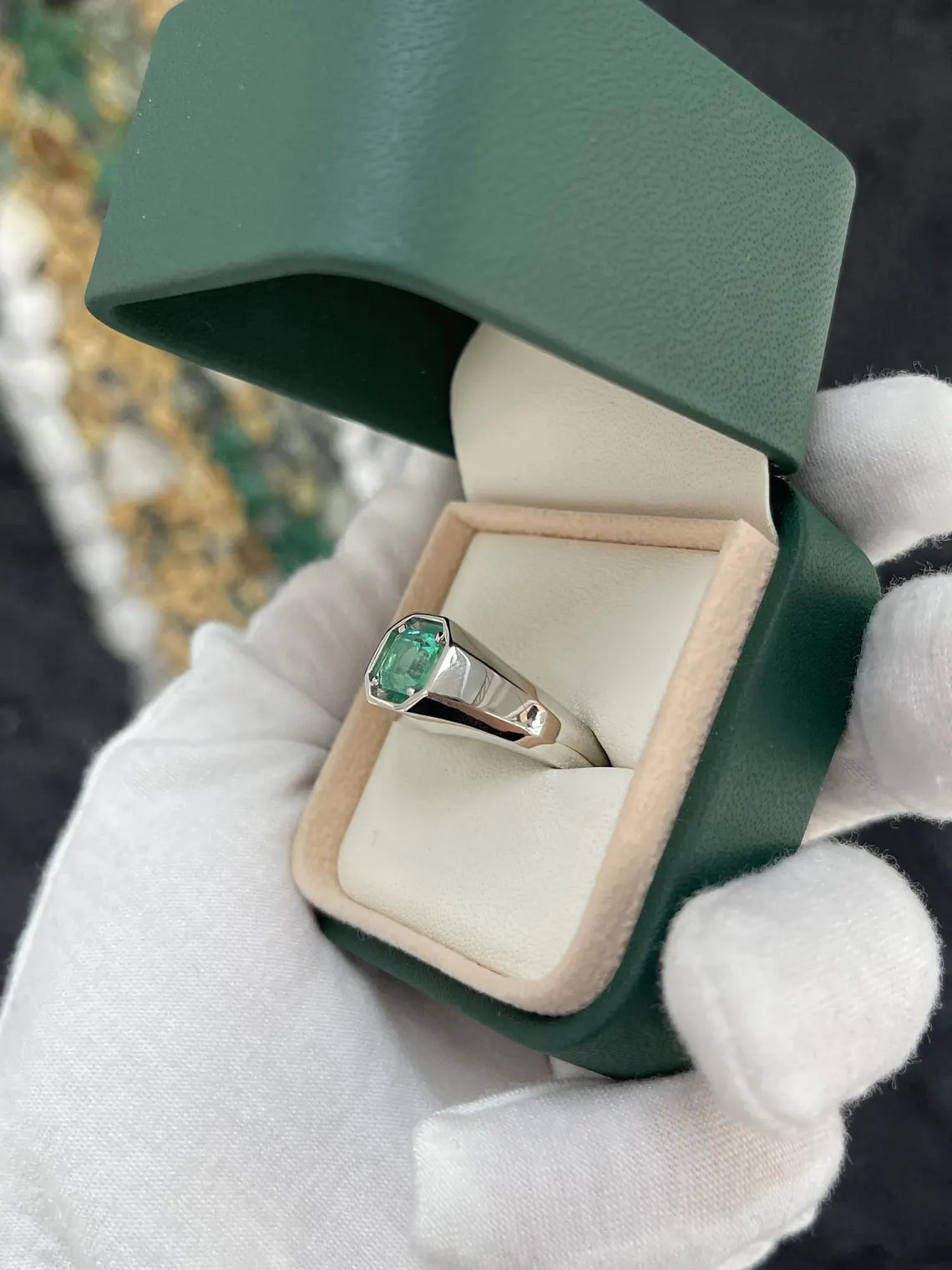 1.90ct Natural Colombian Emerald Asscher Cut Solitaire Men's Ring - 14K Gold Wedding Band, Anniversary Gift for Him, Handmade Fine Jewelry for Special Occasions