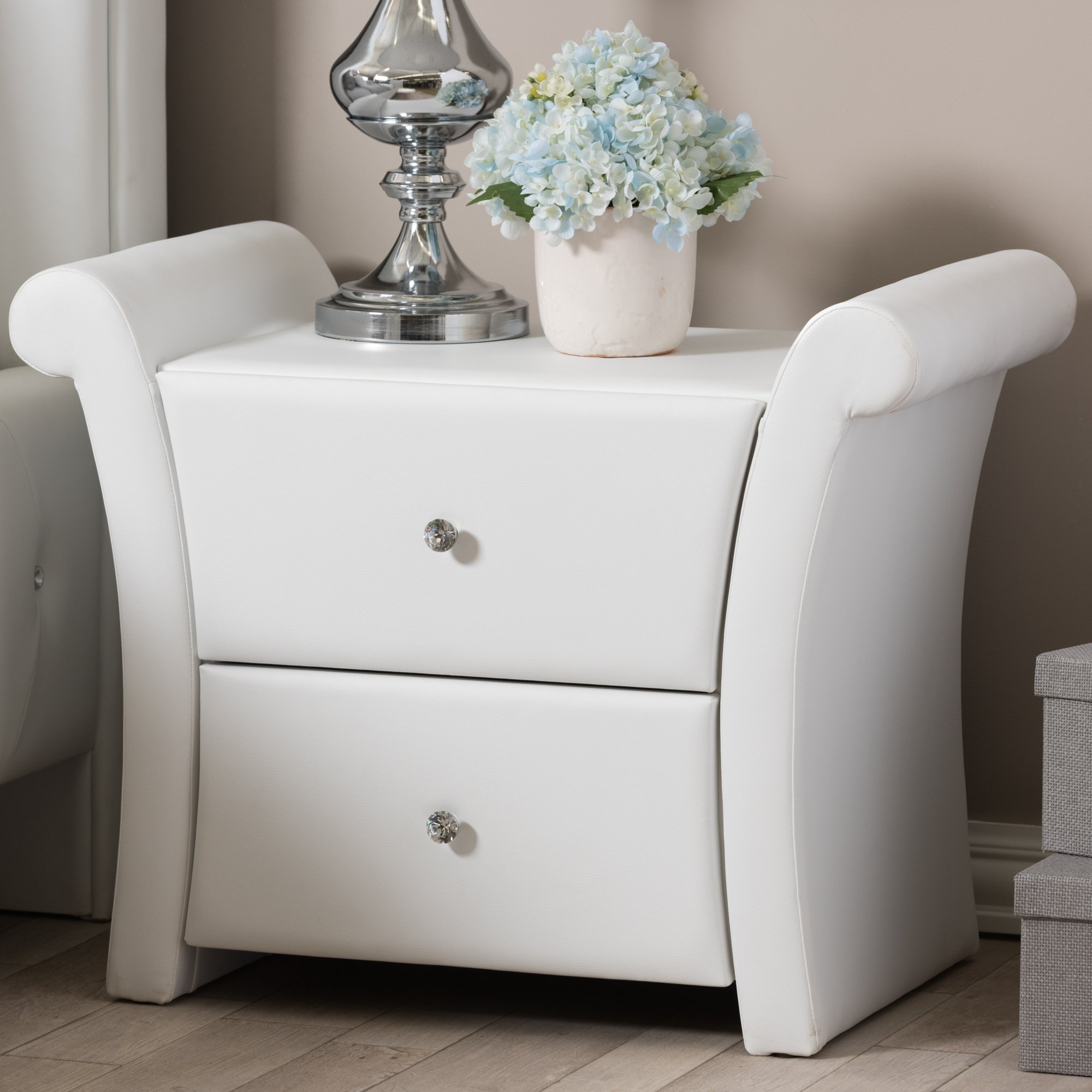 Baxton Studio Victoria White Faux Leather Modern Nightstand - Large Bedside Table with Storage for Bedroom, Living Room & Office