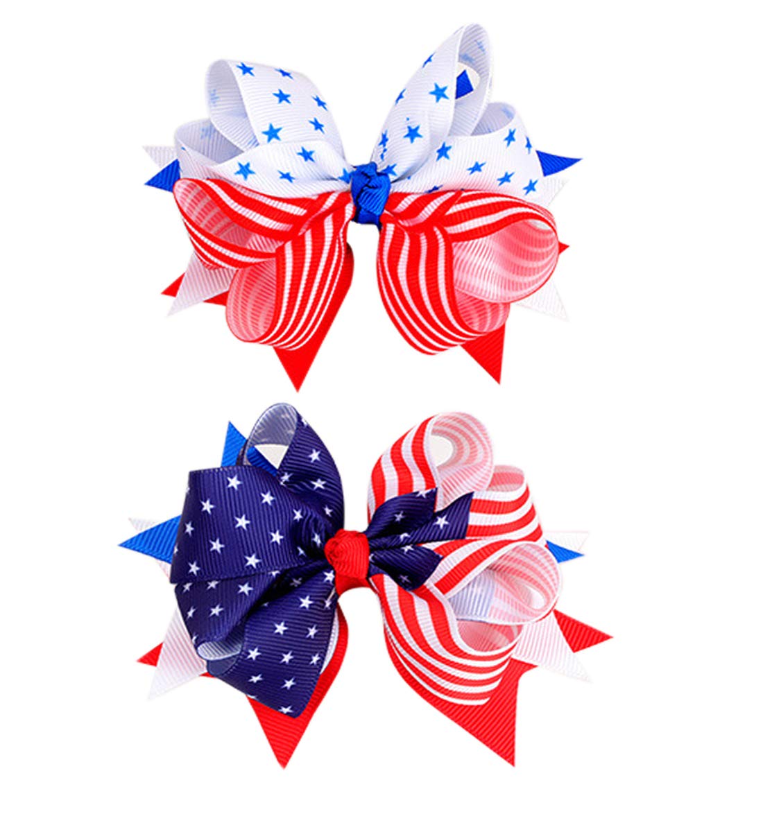 Girls Hair Bows - 2 Pack Grosgrain Ribbon Hair Clips for Kids, Toddlers & Babies - Patriotic 4th of July Hair Accessories (Striped Set) - Perfect for Parties, Holidays & Everyday Wear