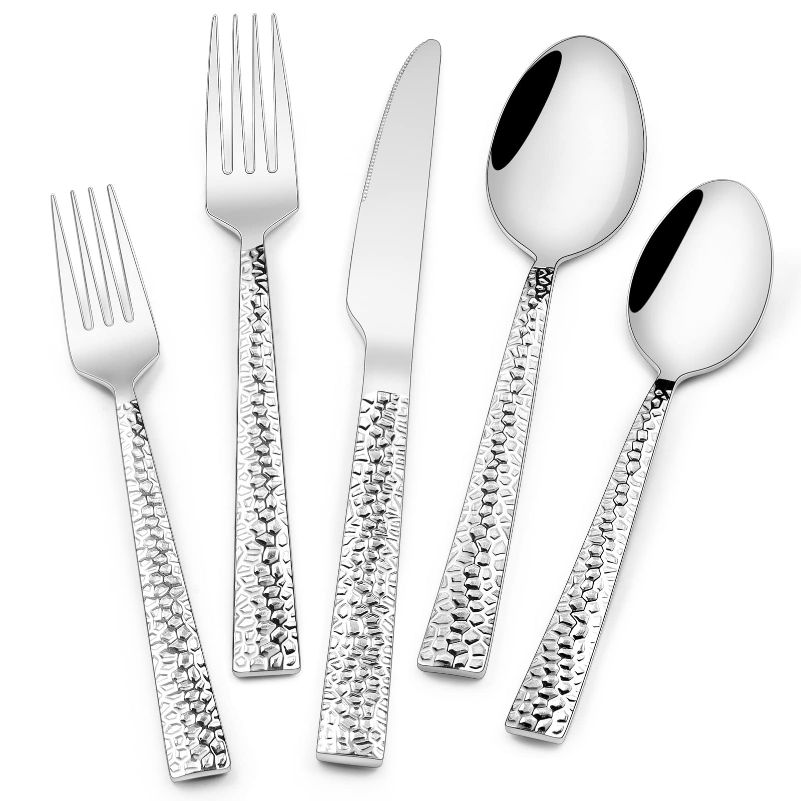 Premium 40-Piece Hammered Stainless Steel Flatware Set for 8 - Square Mirror Finish Cutlery Set, Food-Grade Dishwasher Safe Silverware for Home & Restaurant Use - Perfect for Dinner Parties, Weddings, and Everyday Dining