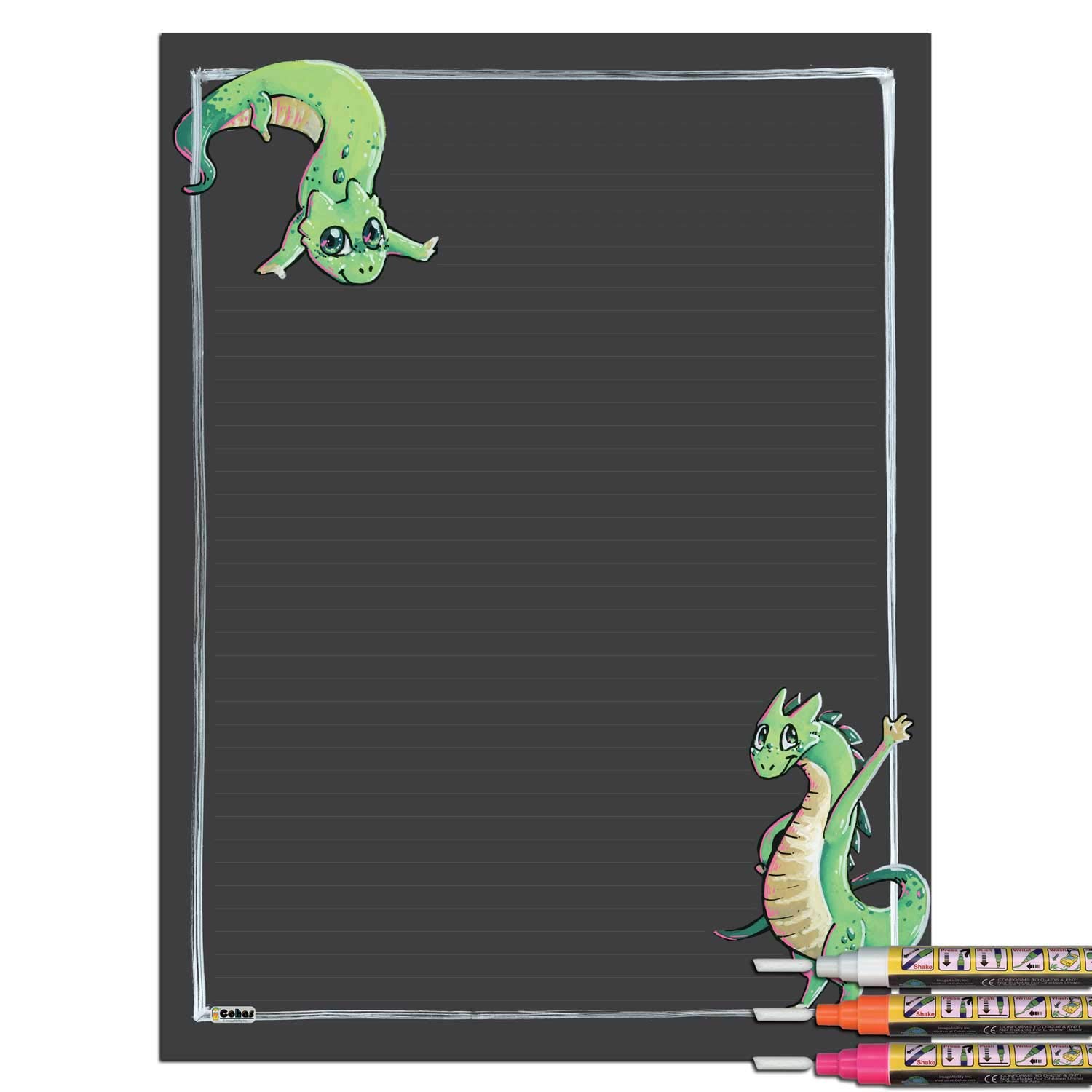 Monster-Themed Magnetic Chalkboard with Dragon Art - 12x16 Inch Lined Chalk Board with 3 Bright Liquid Chalk Markers - Perfect for Kids' Rooms, Classrooms & Creative Play Spaces