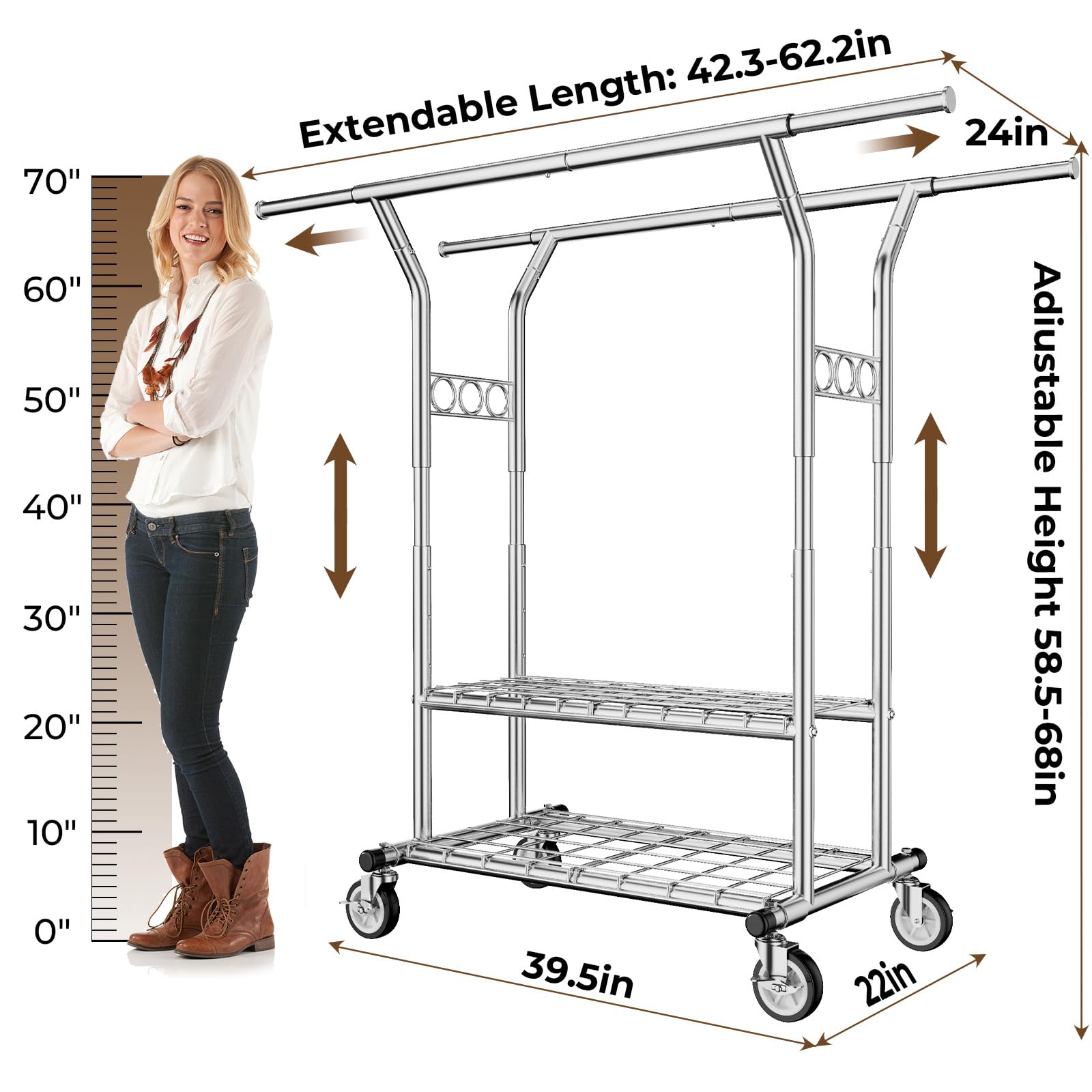 Heavy Duty Rolling Garment Rack with Shelves - 620 lbs Capacity, Adjustable Double Rod Clothes Hanger for Hanging Clothes, Portable Wheeled Clothing Rack for Home, Office, and Retail Store Use