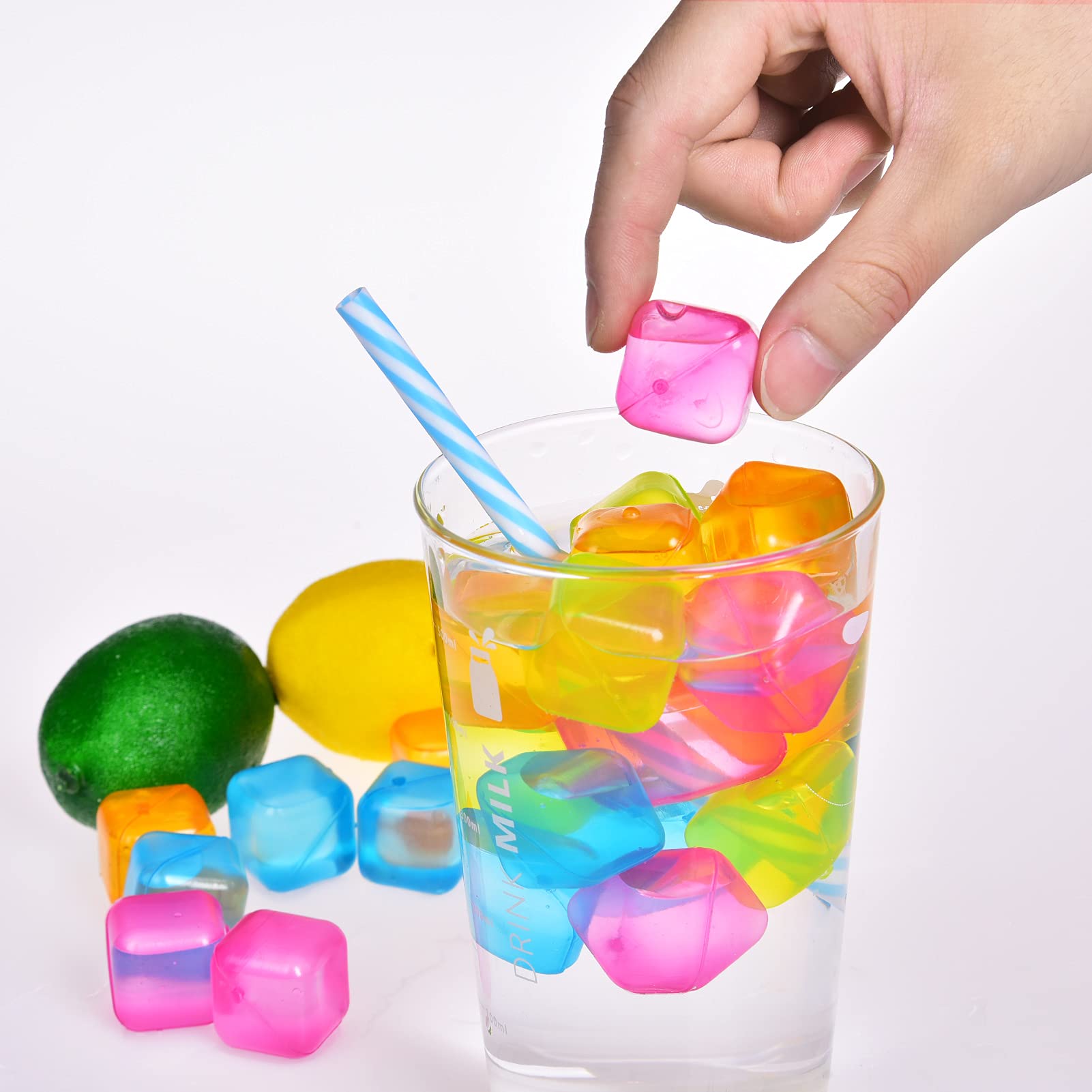 Reusable Ice Cubes 60 Pack - BPA Free Refreezable Plastic Ice Cubes for Drinks, Whiskey, Cocktails & Beverages - Square Multicolor Ice Cube Set for Parties, Home Bars & Outdoor Events