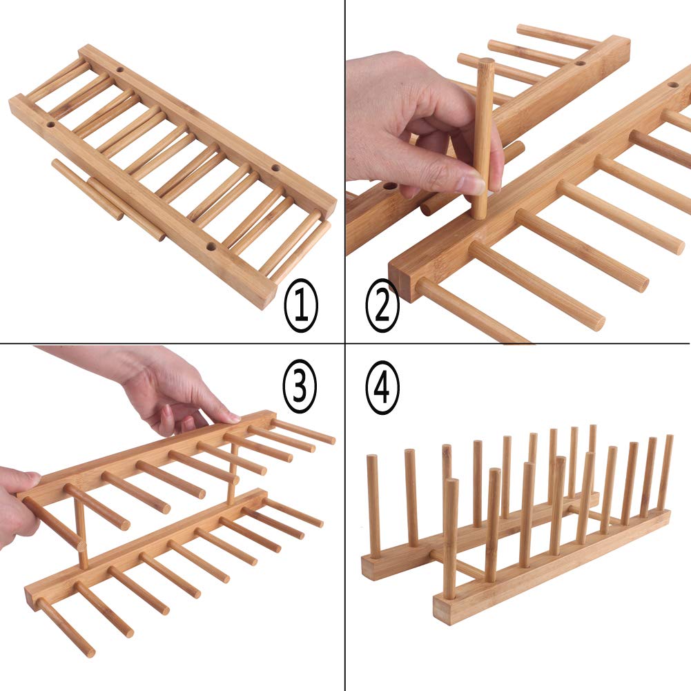 8-Slot Bamboo Dish Rack with Plate Holder & Pot Lid Organizer - Space Saving Kitchen Cabinet Storage for Dishes, Cups, and Cookware - Perfect for Small Kitchens, Apartments, and RV Use