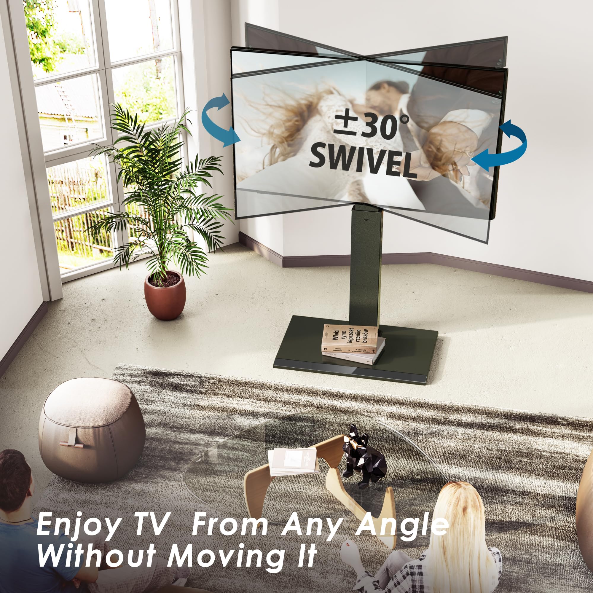 FITUEYES Universal TV Stand for 32-75 Inch TVs - Swivel Mount, Height Adjustable, Space Saving Floor TV Stand with Wire Management - Compatible with LED, LCD, OLED, Plasma Flat & Curved Screens (Black) - Perfect for Living Room, Bedroom, or Home Theater Setup