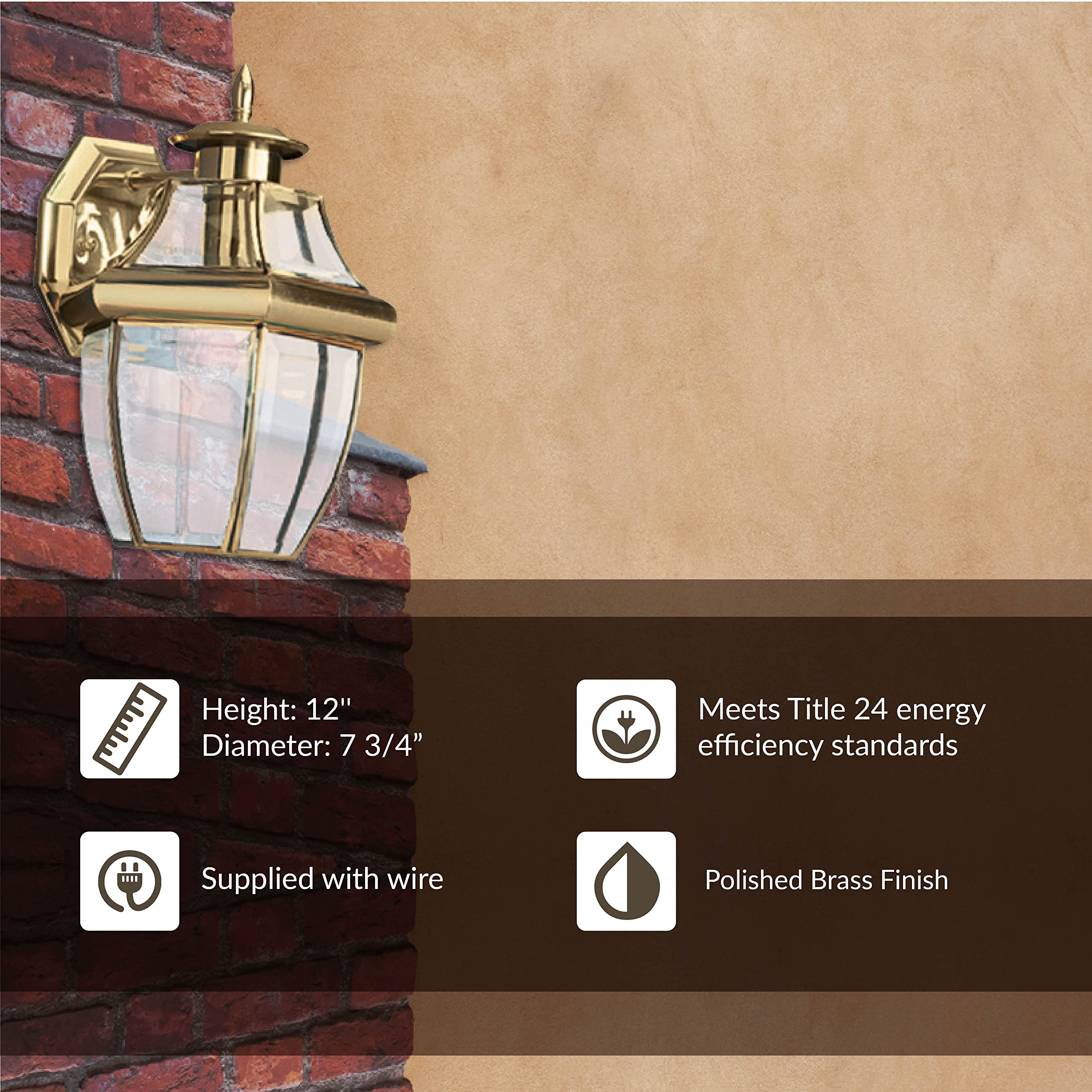 Sea Gull Lighting 8038-02 Lancaster Outdoor Wall Lantern - Polished Brass One-Light Exterior Fixture for Porch, Patio & Garden Lighting