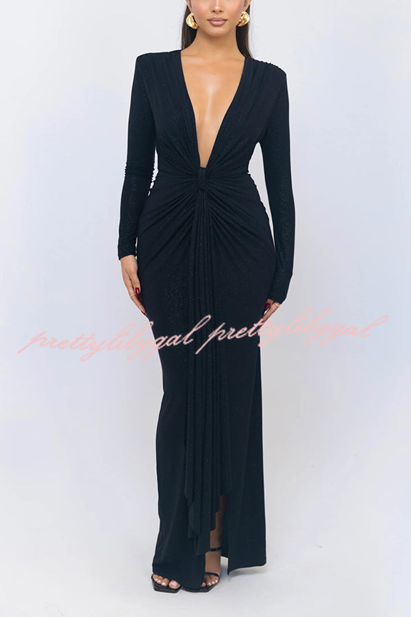 Elegant Solid Color Shiny V-Neck Long Sleeve Ribbon Slit Slim Fit Maxi Dress for Women - Perfect for Evening Parties, Date Nights & Special Occasions