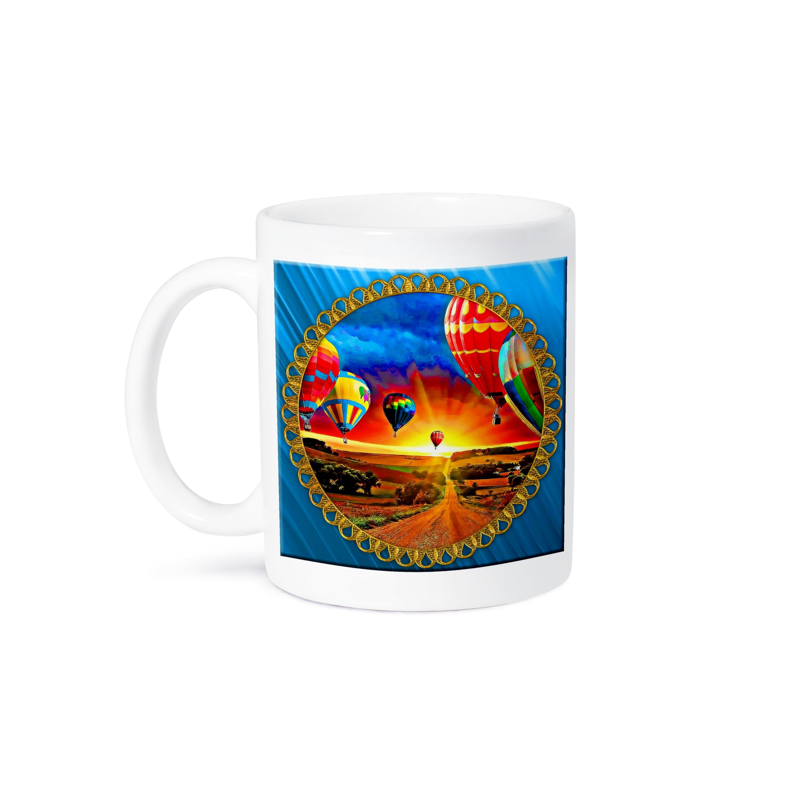 3D Rose Hot Air Balloons & Beautiful Sky Ceramic Mug - 11 oz Blue Jewel Frame Coffee Cup - Perfect for Home, Office & Gift Giving