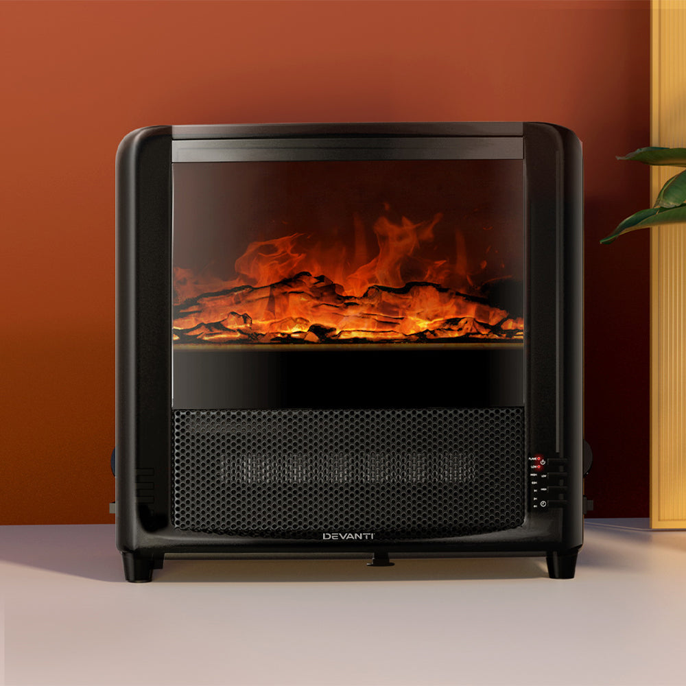 Devanti 2000W Electric Fireplace Heater with Realistic Flame Effect - Energy Efficient Indoor Heating for Living Room, Bedroom & Office