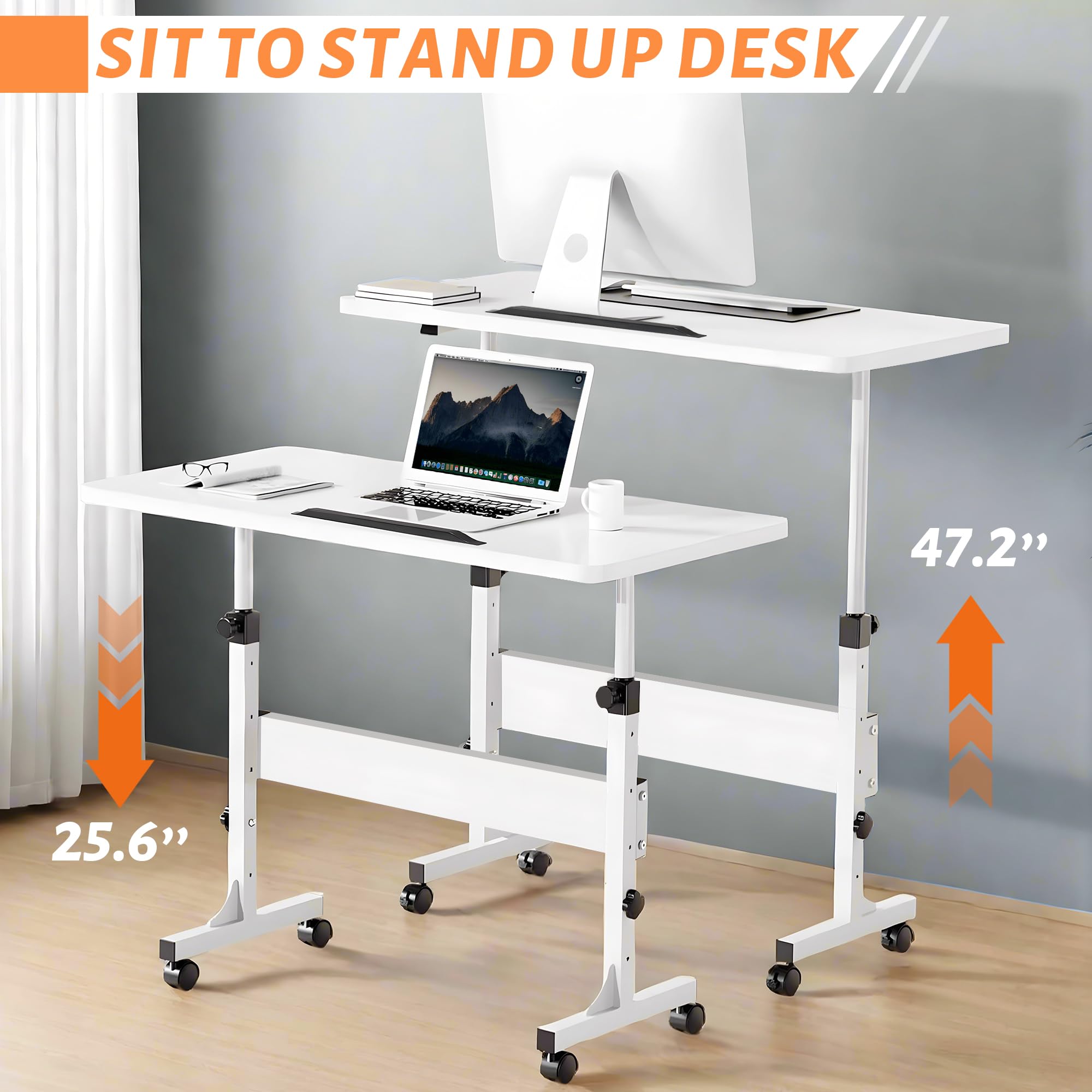 Adjustable Height Rolling Desk with Wheels - Portable Laptop Computer Cart for Home Office, Small Mobile Workstation - Perfect for Remote Work, Dorm Rooms & Small Spaces