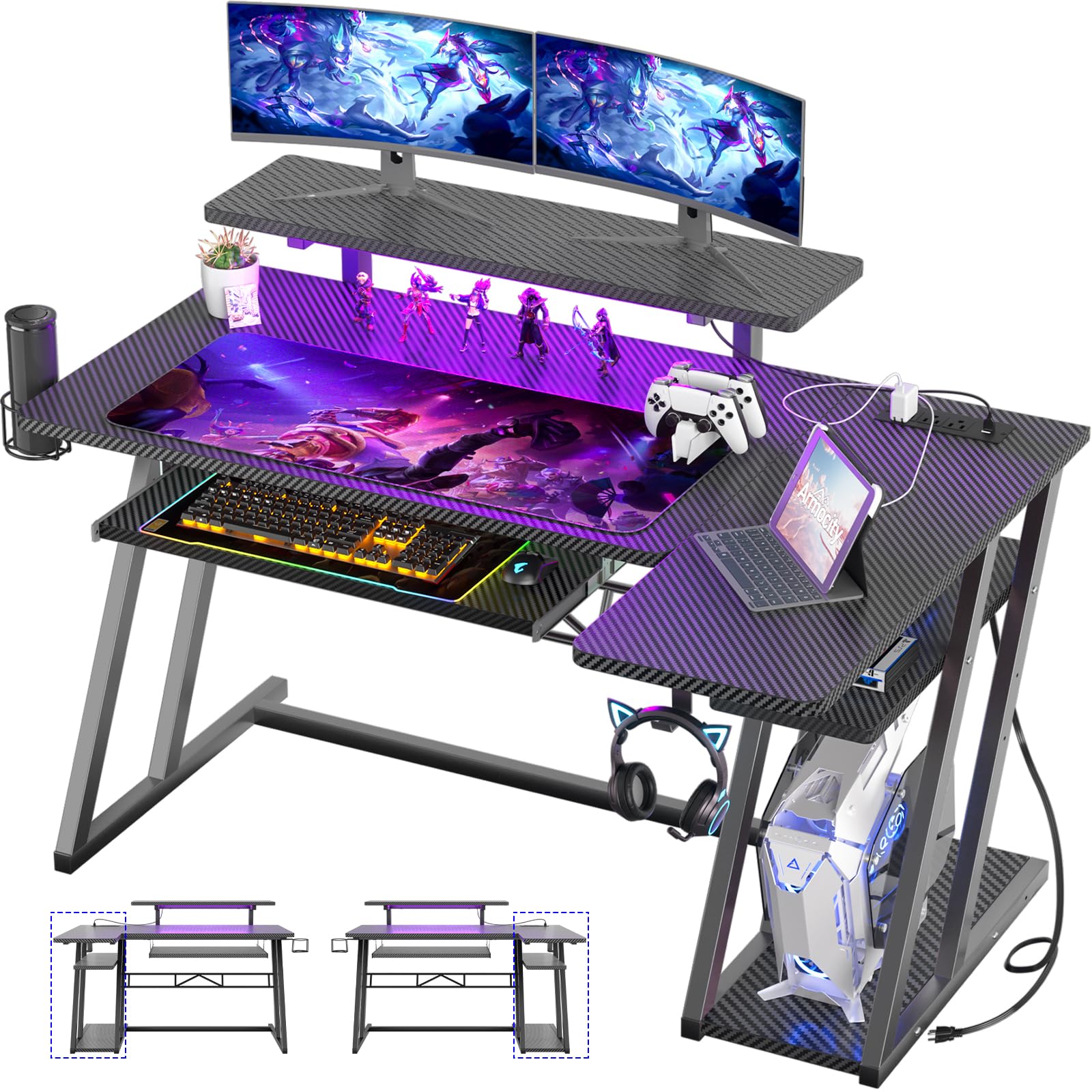 Premium L-Shaped Gaming Desk with Built-in Power Outlets & RGB LED Lights - 47