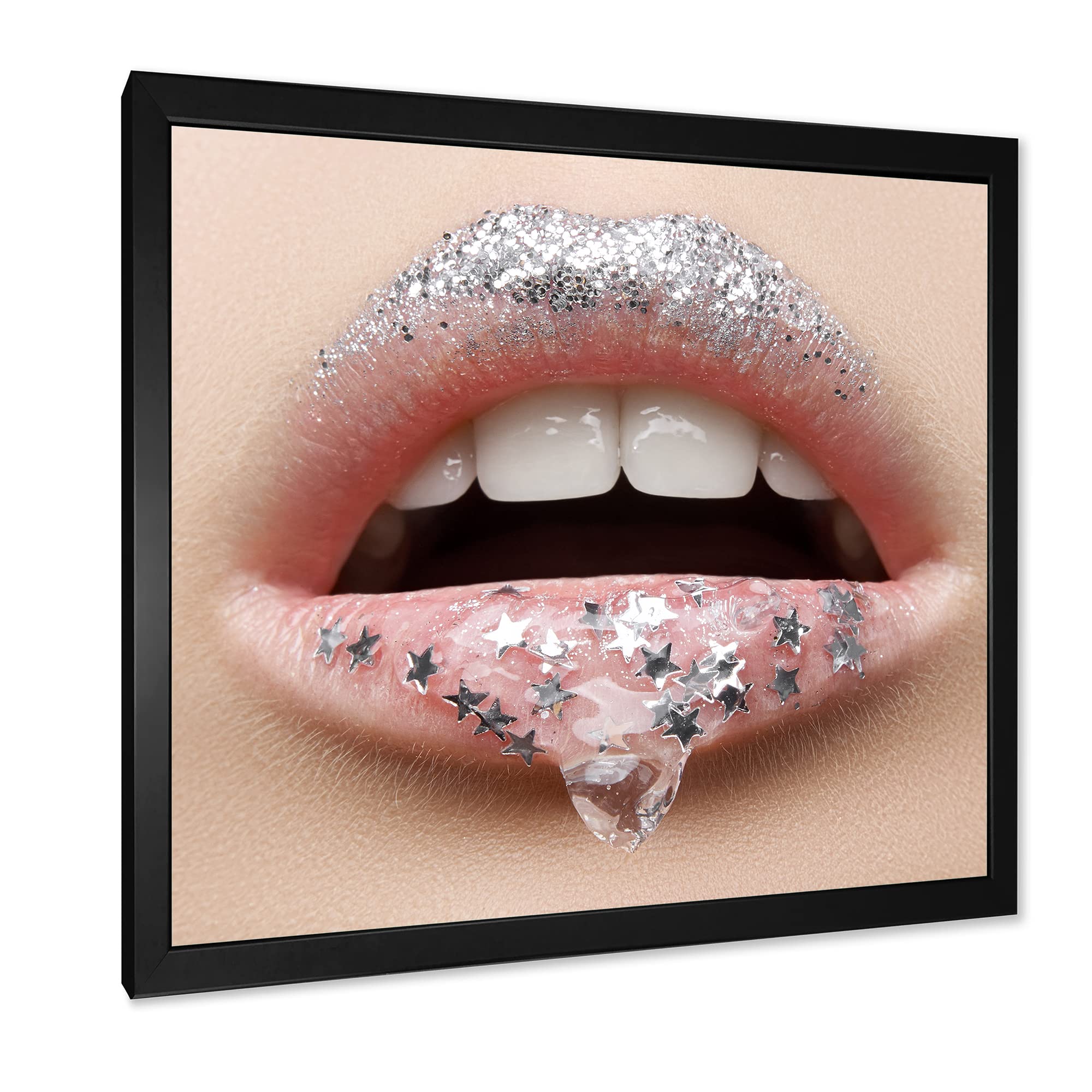 DesignQ Modern Framed Wall Art - Female Lips with Gel & Stars - Perfect for Living Room, Bedroom, or Office Decor