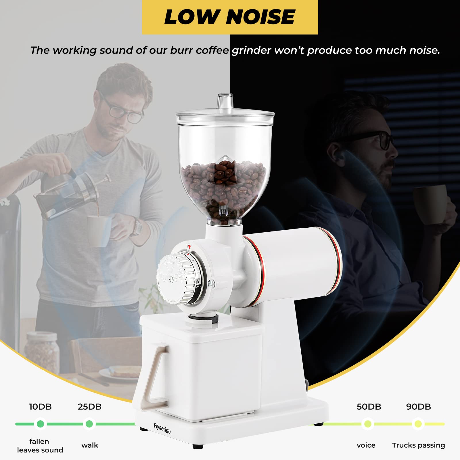 Premium Electric Burr Coffee Grinder for Espresso & Drip Coffee - Commercial & Home Use with Adjustable Grind Settings, Silent Operation, Includes Hopper, Brush & Spoon (White) - Perfect for Coffee Shops, Offices & Home Brewing Enthusiasts