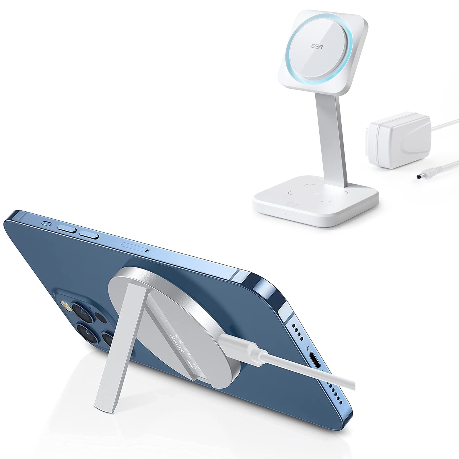 ESR HaloLock Kickstand Wireless Charger with CryoBoost - MagSafe Compatible Fast Charging & Phone Cooling Stand for iPhone 13/12 Series | Perfect for Home, Office & Travel Use