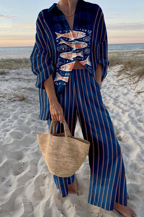 Stylish Ocean Print Oversized Shirt & Elastic Waist Pocket Pants Set - Women's Casual Loungewear for Beach Vacation & Summer Outfits