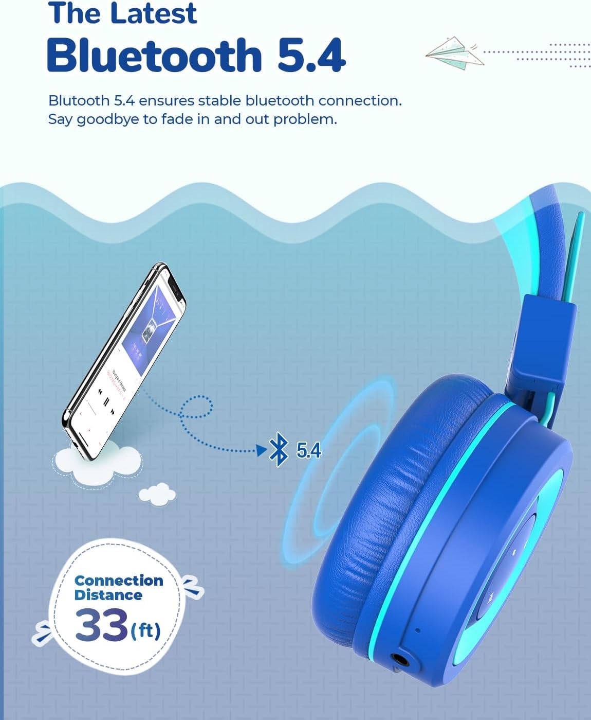 iClever Kids Bluetooth Headphones BTH02 93H - Wireless Over-Ear Headphones with Fast Type-C Charging, 85dB Safe Volume, Bluetooth 5.4, Adjustable & Foldable Design, Built-in Mic - Light Blue | Perfect for Online Learning, Gaming & Travel