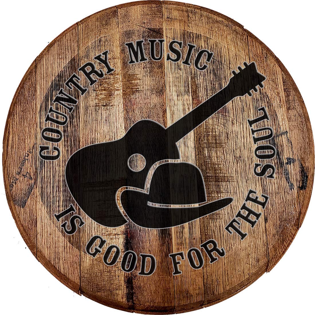 Whiskey Barrel Head Wall Decor - Country Music Themed Cowboy Hat & Guitar Bar Sign - Rustic Man Cave Accessories for Home, Office, or Western-Themed Rooms