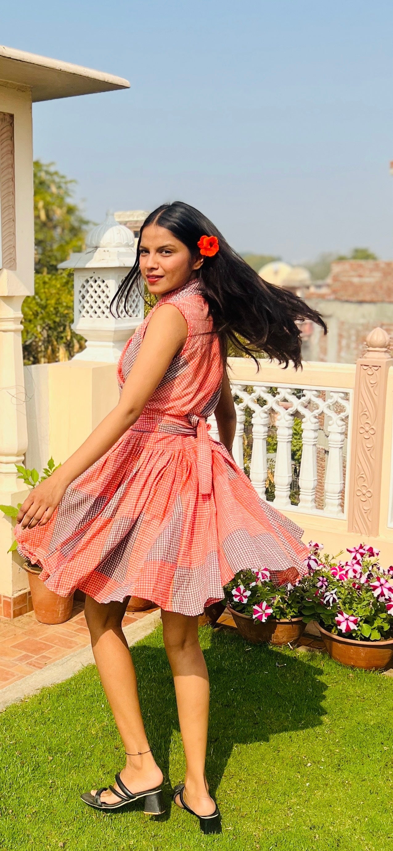Stylish GOA Sleeveless Dress in Orange Checks - Perfect for Beach Vacations, Summer Parties & Boho Fashion