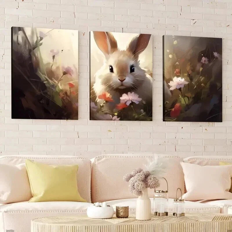 3-Piece Abstract Cute Bunny Flowers Brown Rabbit Wall Art Set - 50x70cm Framed Canvas Prints | High Quality Australian Made | Perfect for Nursery, Kids Room & Home Decor | Ready to Hang