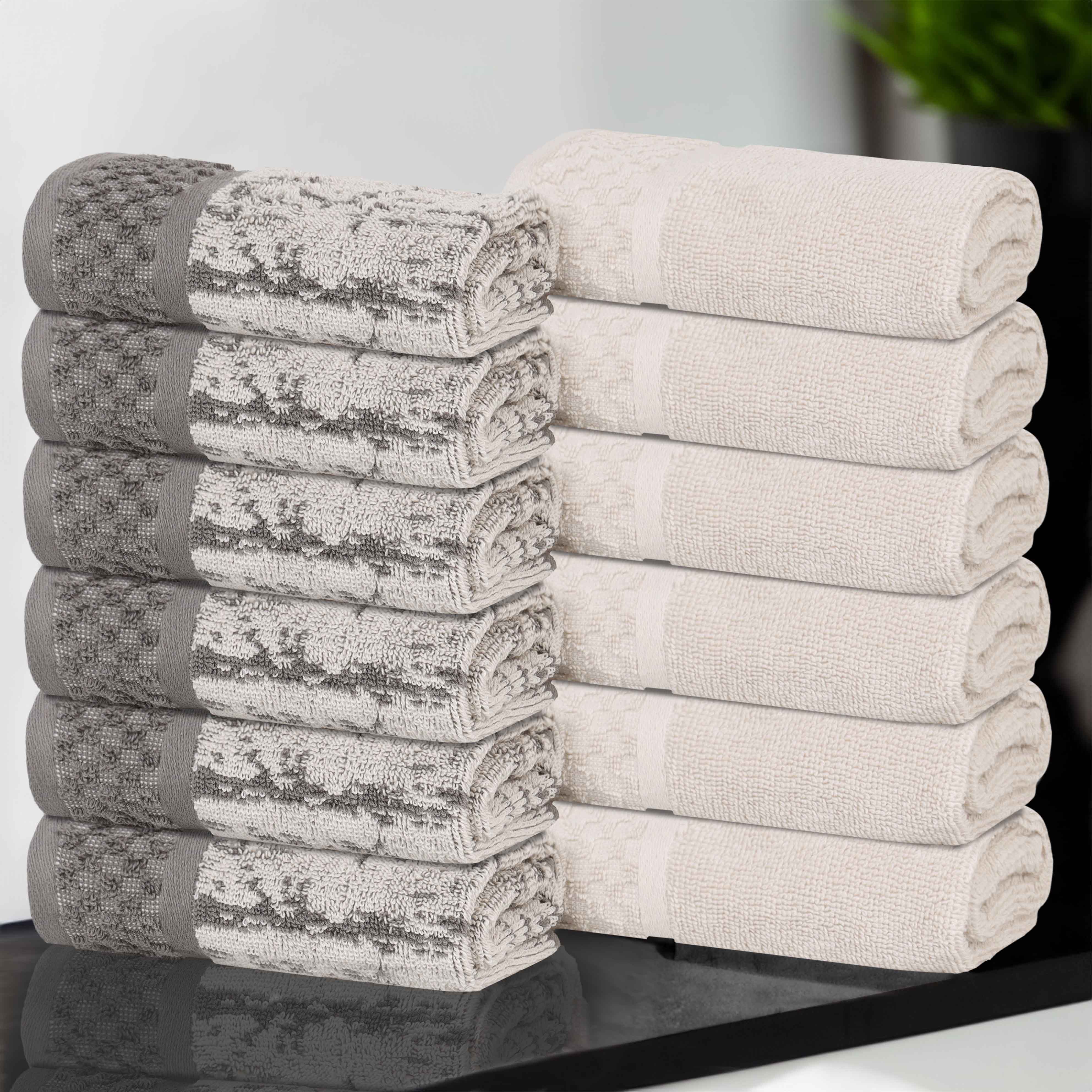 Premium Cotton Plush Jacquard Face Towels - Set of 12 (Solid & Two-Toned) | Soft Bath & Hand Towels for Spa, Gym, Travel & Luxury Home Use