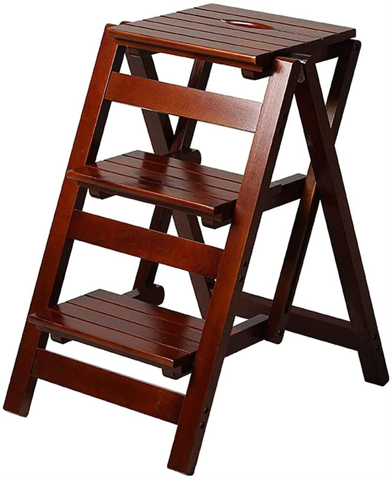 2-Step Wooden Folding Ladder - Multifunctional Step Stool for Home, Kitchen, Library & Household Work - Indoor Climbing Stair Chair (Brown) - Perfect for Reaching High Shelves, Organizing Pantries & Home DIY Projects