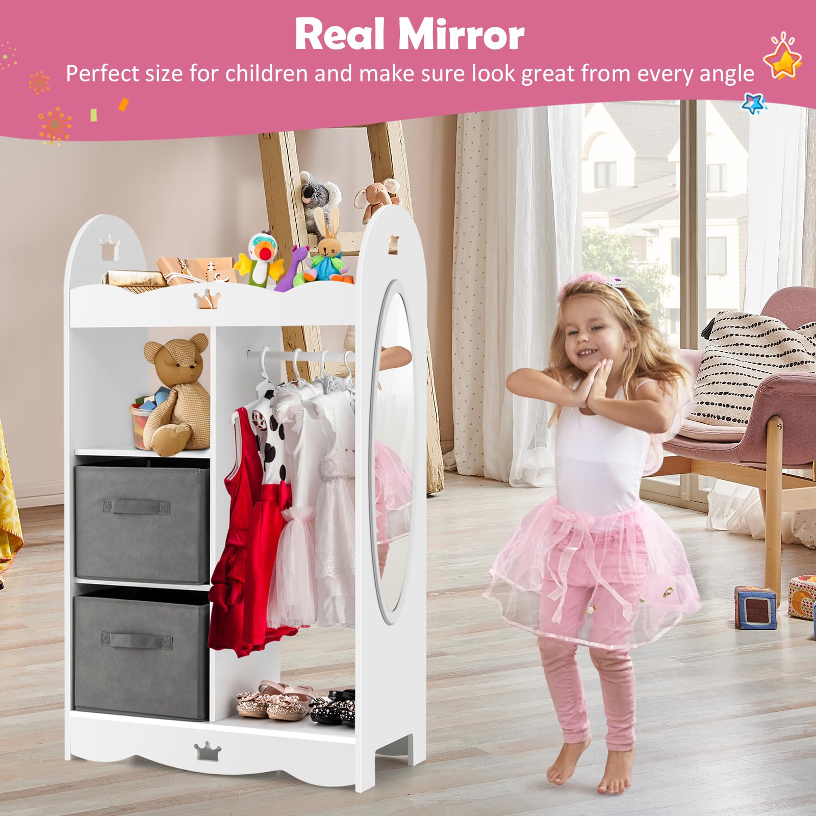 KOTEK Kids Wooden Dress Up Storage Armoire with Mirror, Hanging Rod & 2 Storage Bins - Anti-Tip Toddler Wardrobe Closet for Ages 3-7 | Perfect for Bedroom, Playroom & Kids Room Organization | Great for Pretend Play, Costume Storage & Daily Outfit Selection