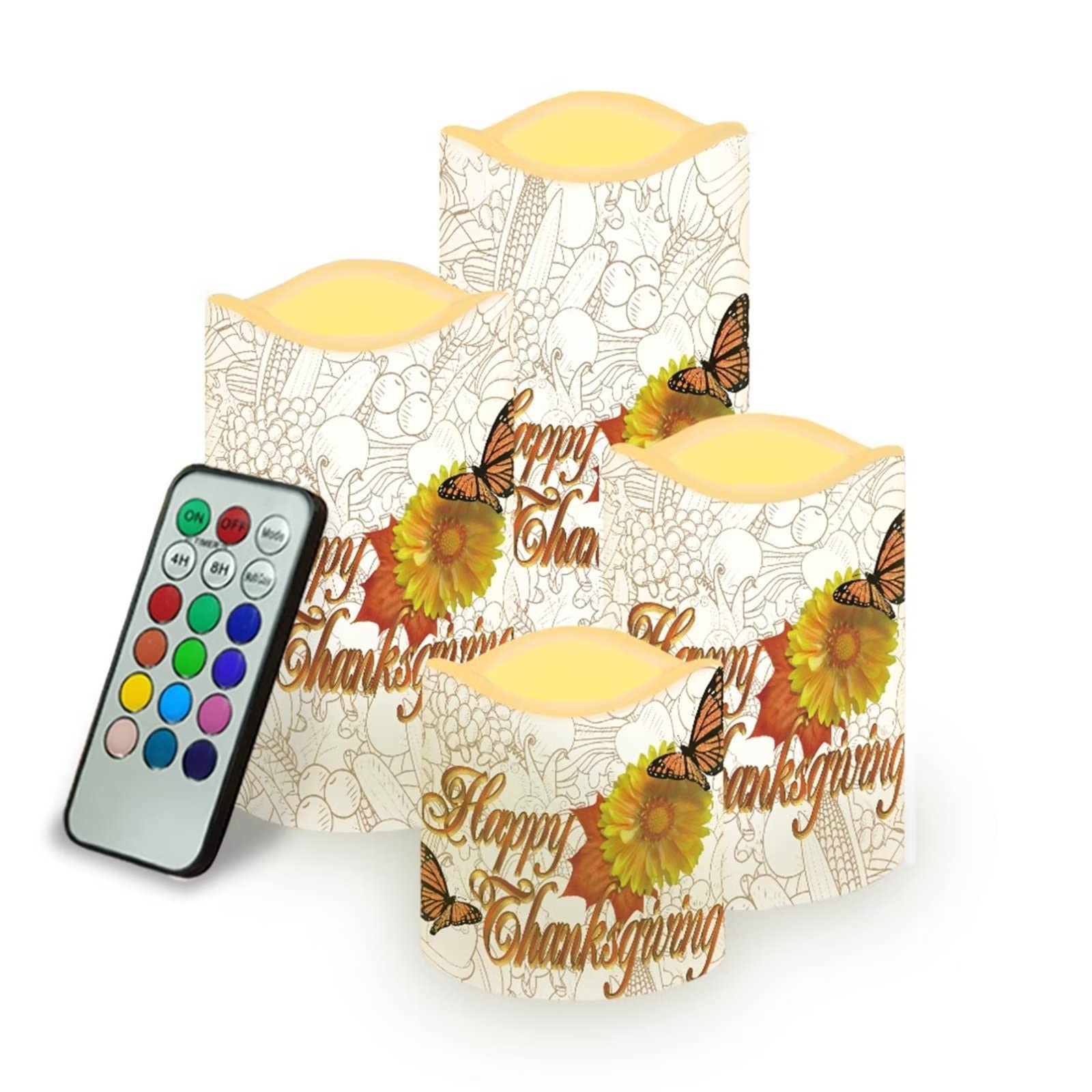 Realistic Flameless LED Candles with Remote & Timer - 4 Pack Sunflower Butterfly Battery Operated Pillar Candles for Thanksgiving, Christmas, Wedding & Home Decor - Romantic Ambiance Lighting for Dining Table, Mantel & Centerpieces