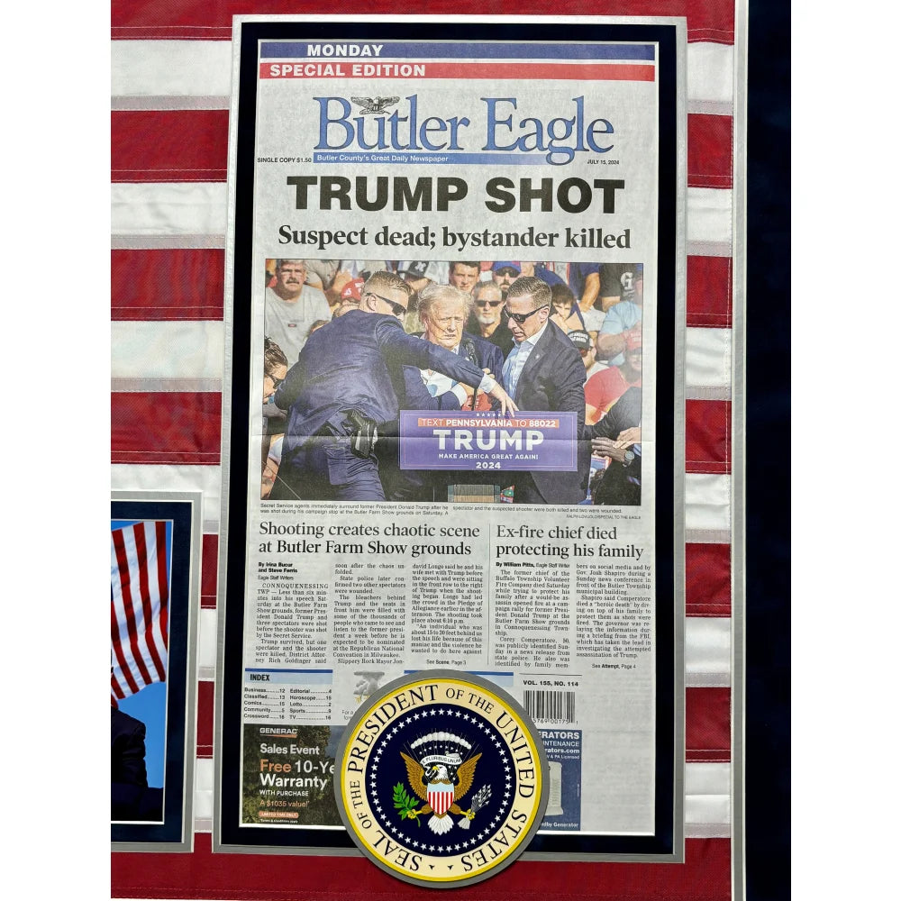 Donald Trump Signed USA Flag Framed with Butler PA Newspaper - JSA Certified Autographed Memorabilia - Perfect for Political Collectors & Patriotic Home Decor