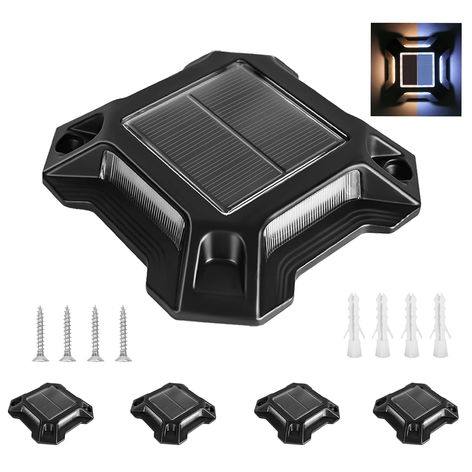 ROOKROME 2-in-1 Solar Driveway Lights 1200mAh, IP68 Waterproof Outdoor LED Marine Deck Lights 4-Pack - Warm White & White for Driveway, Dock, Sidewalk, Garden Steps | Perfect for Pathway Lighting, Landscape Illumination, and Marine Deck Safety